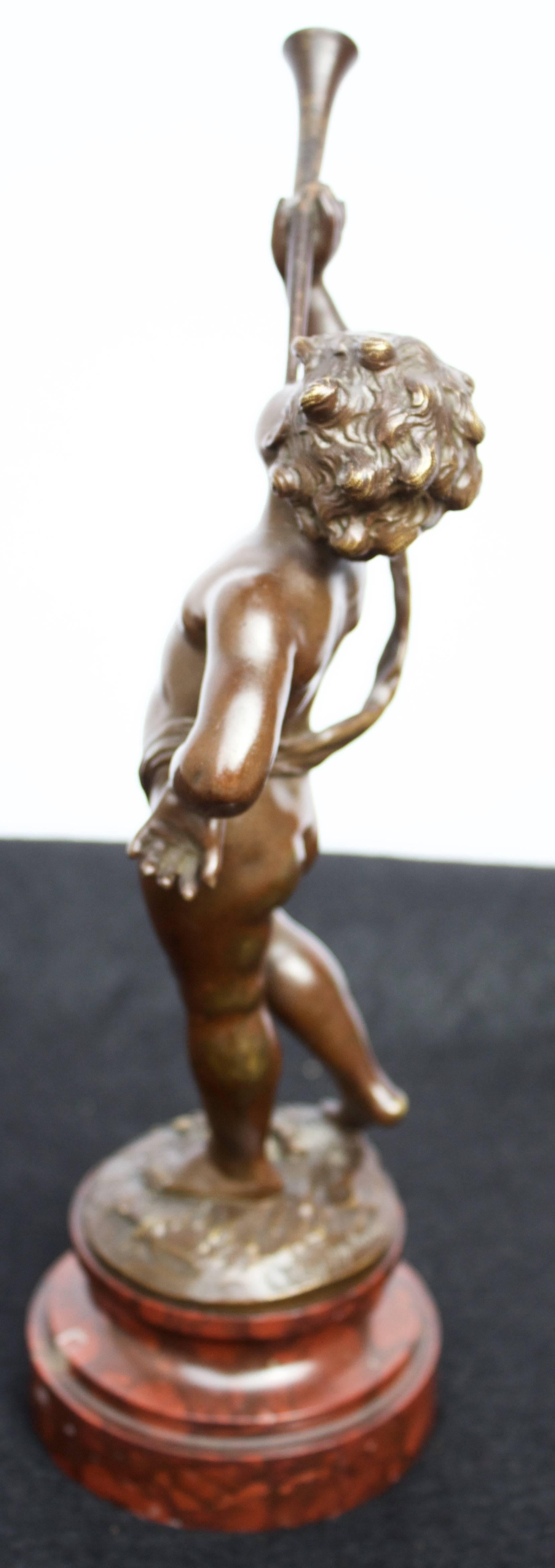 Patinated Cherub Blowing a Horn, French Bronze After A. Moreau For Sale