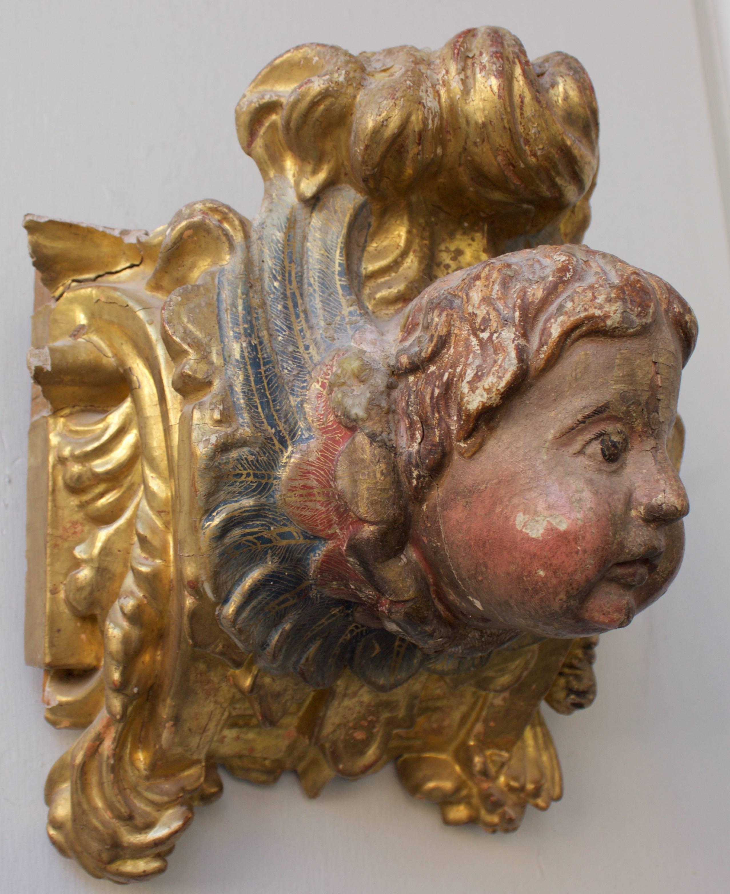Pair of 17th Century Carved Polychrome and Giltwood Architectural Elements In Distressed Condition For Sale In Charleston, SC