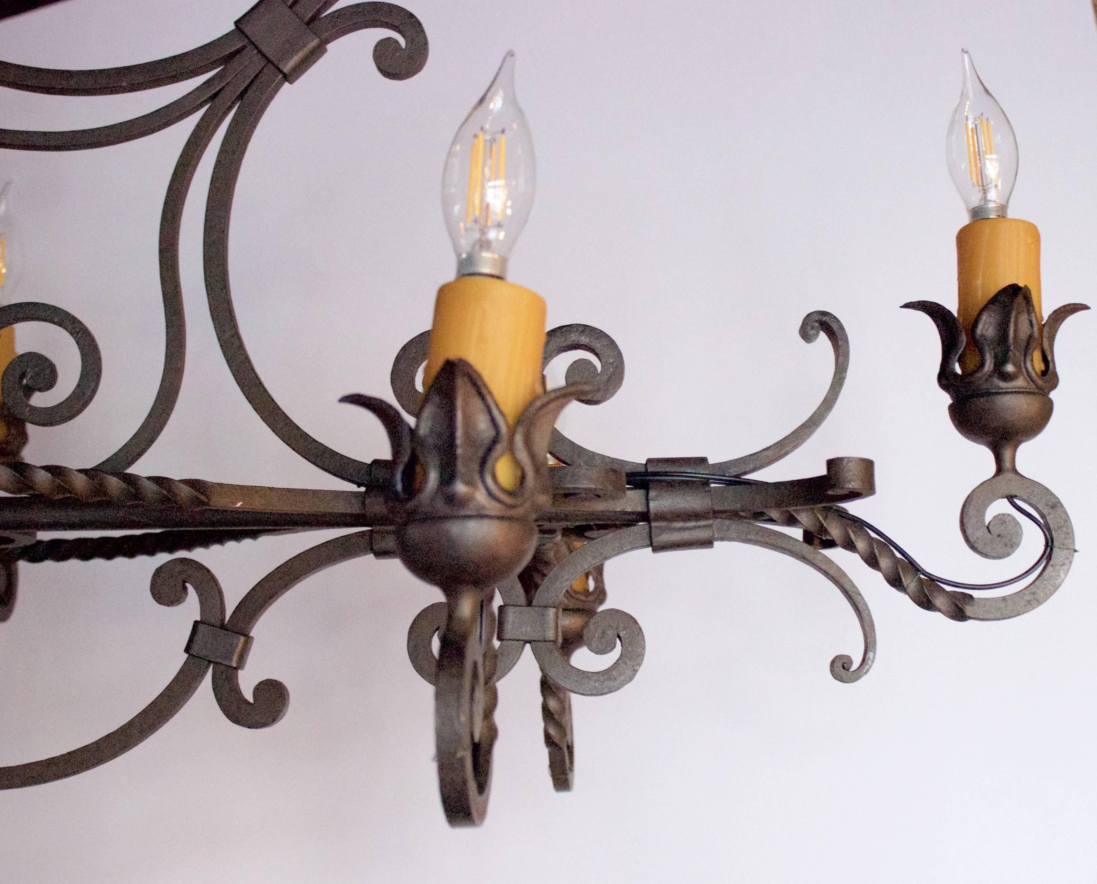 Hand-Crafted French Wrought Iron Eight-Arm Chandelier