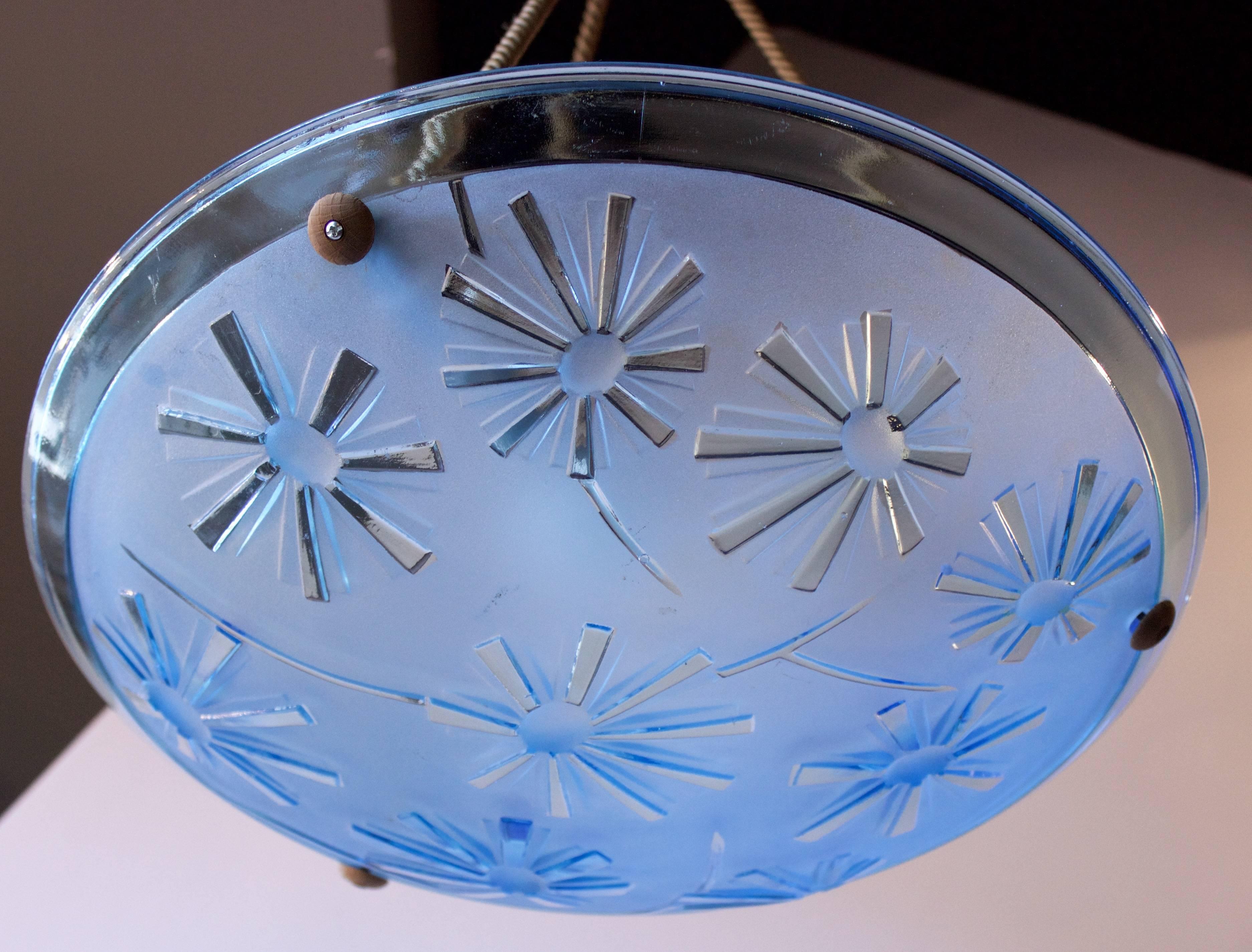 French Art Deco Blue Glass Pendant Fixture In Good Condition For Sale In Charleston, SC