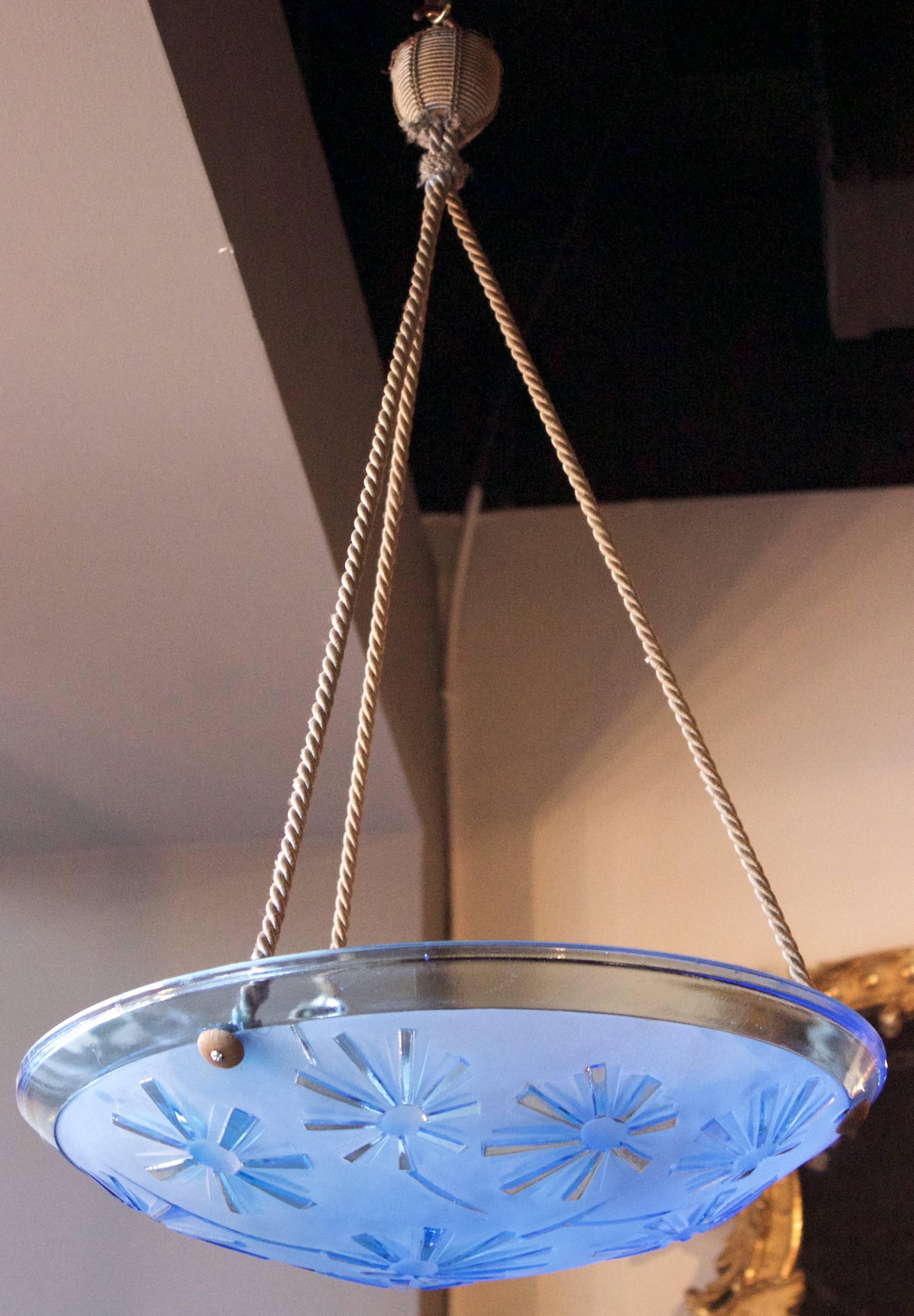 Early 20th Century French Art Deco Blue Glass Pendant Fixture For Sale