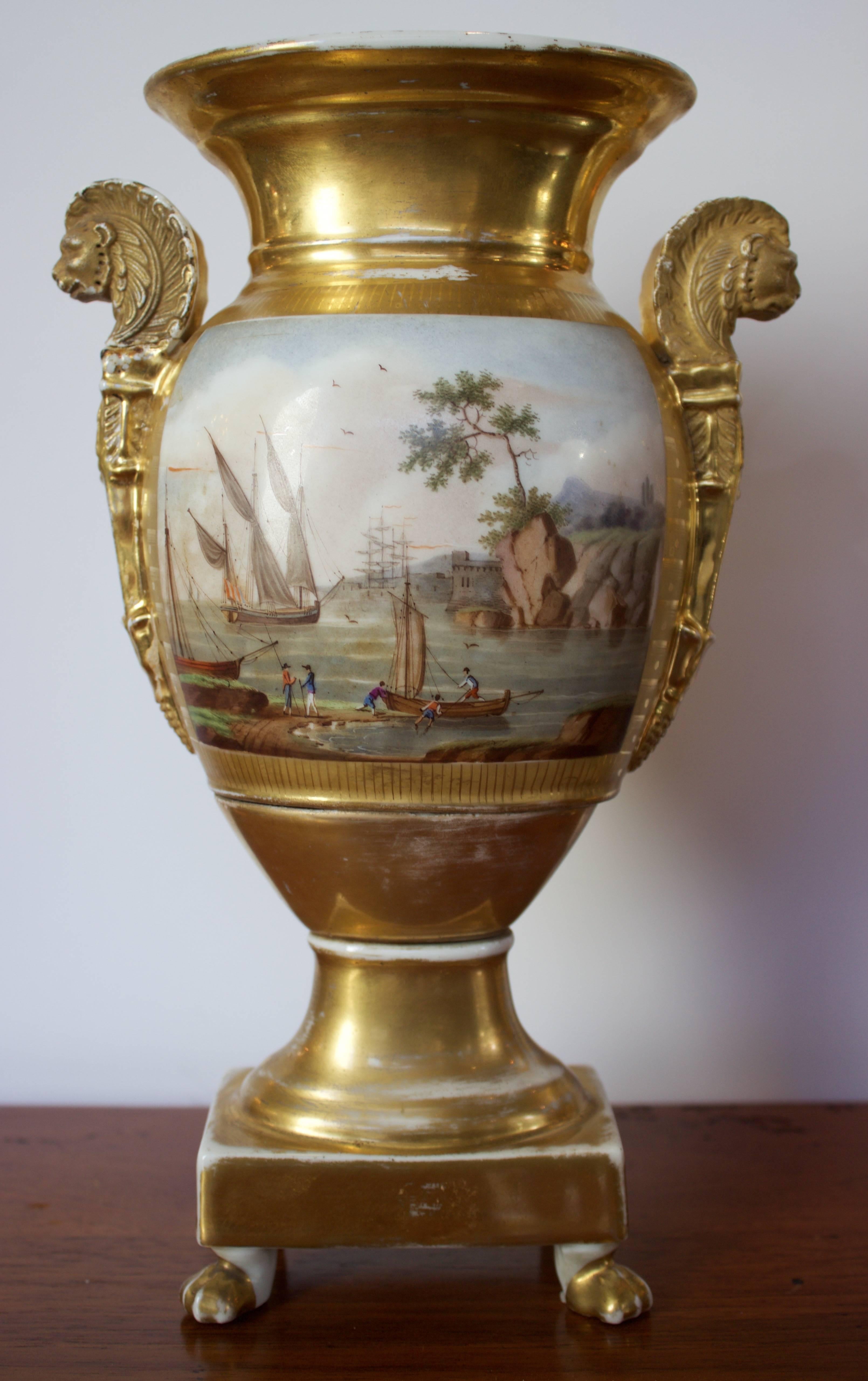 French Pair of Empire Period Porcelain Vases with Maritime Scene