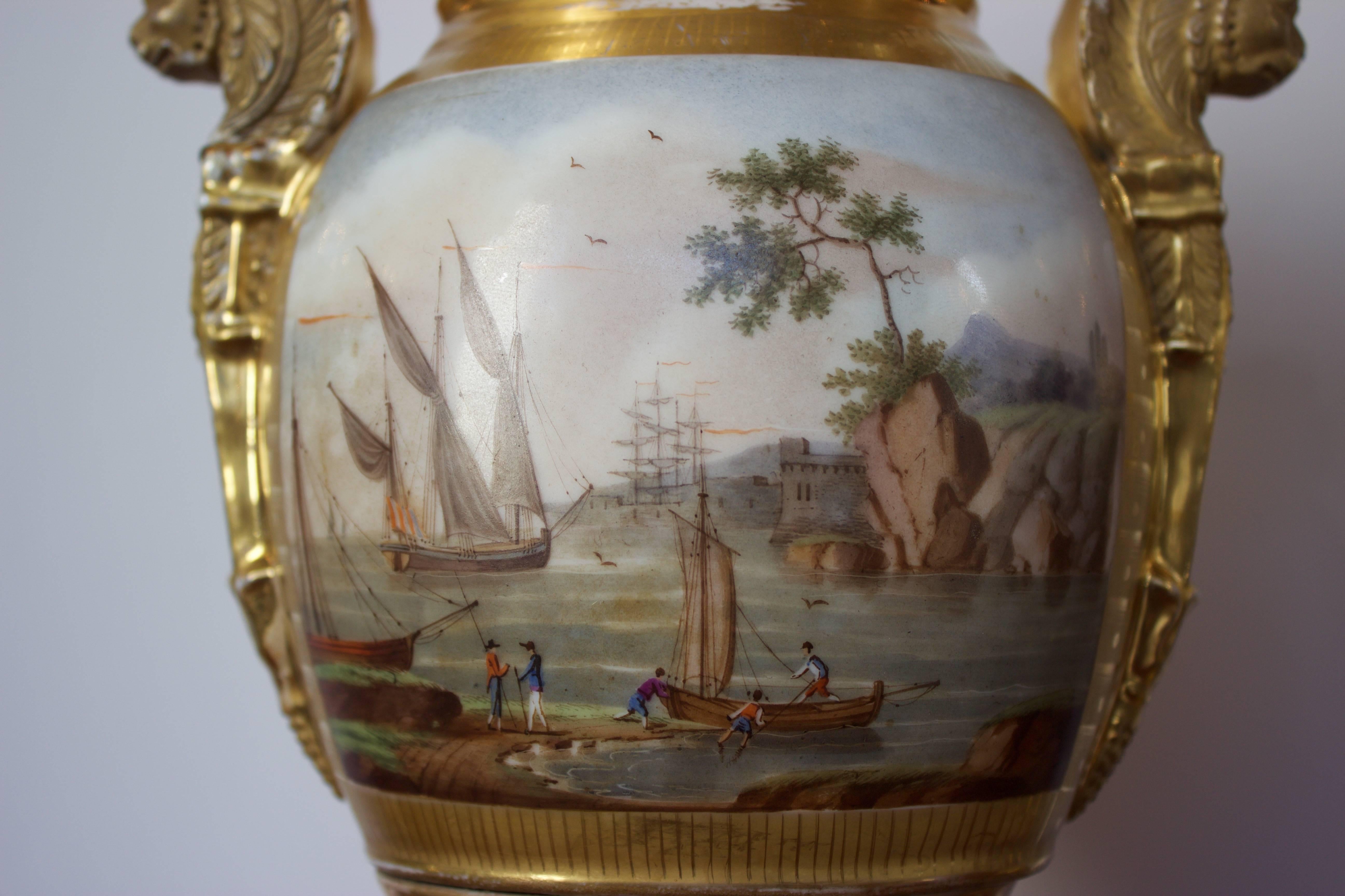 Hand-Painted Pair of Empire Period Porcelain Vases with Maritime Scene