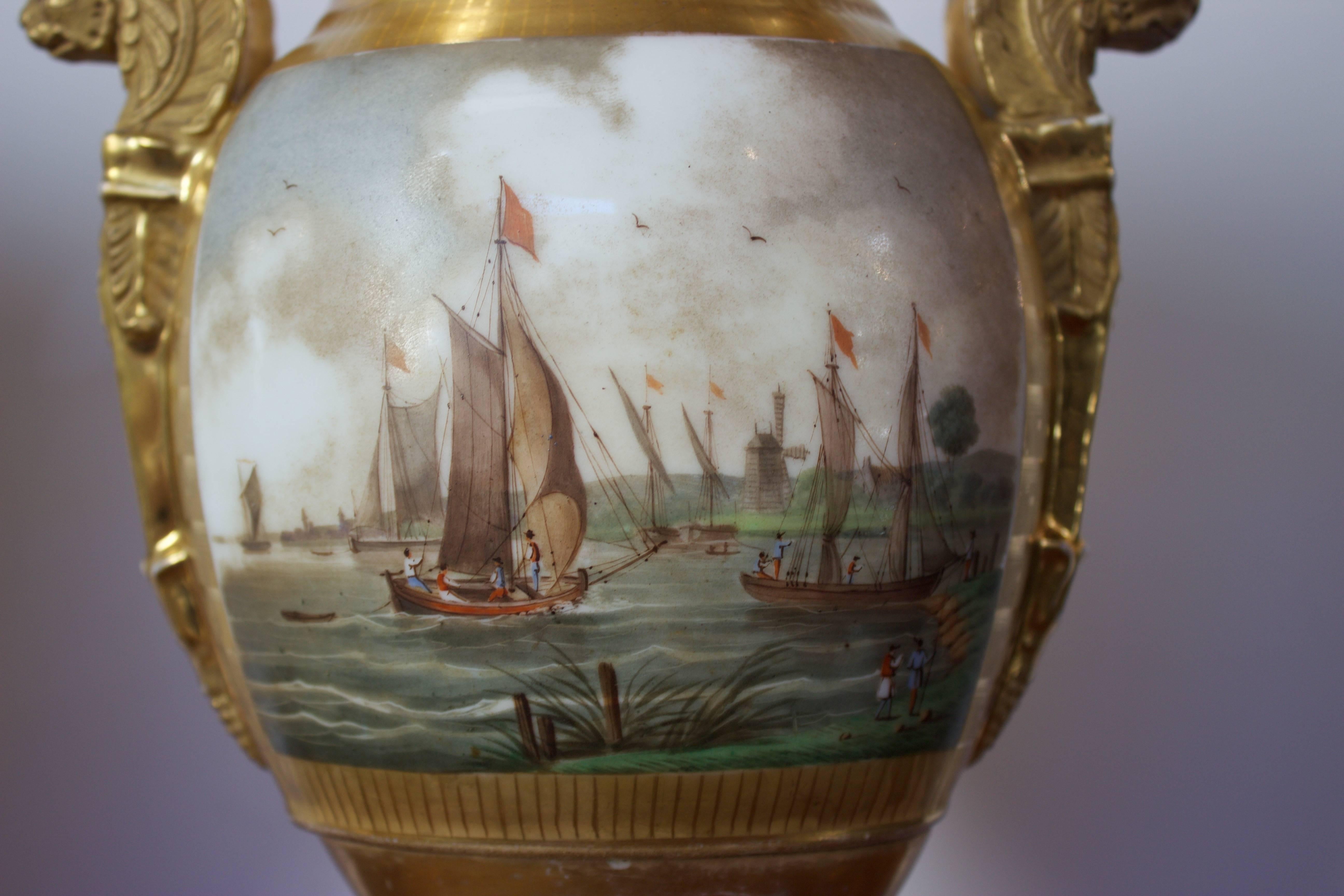 Pair of Empire Period Porcelain Vases with Maritime Scene In Good Condition In Charleston, SC