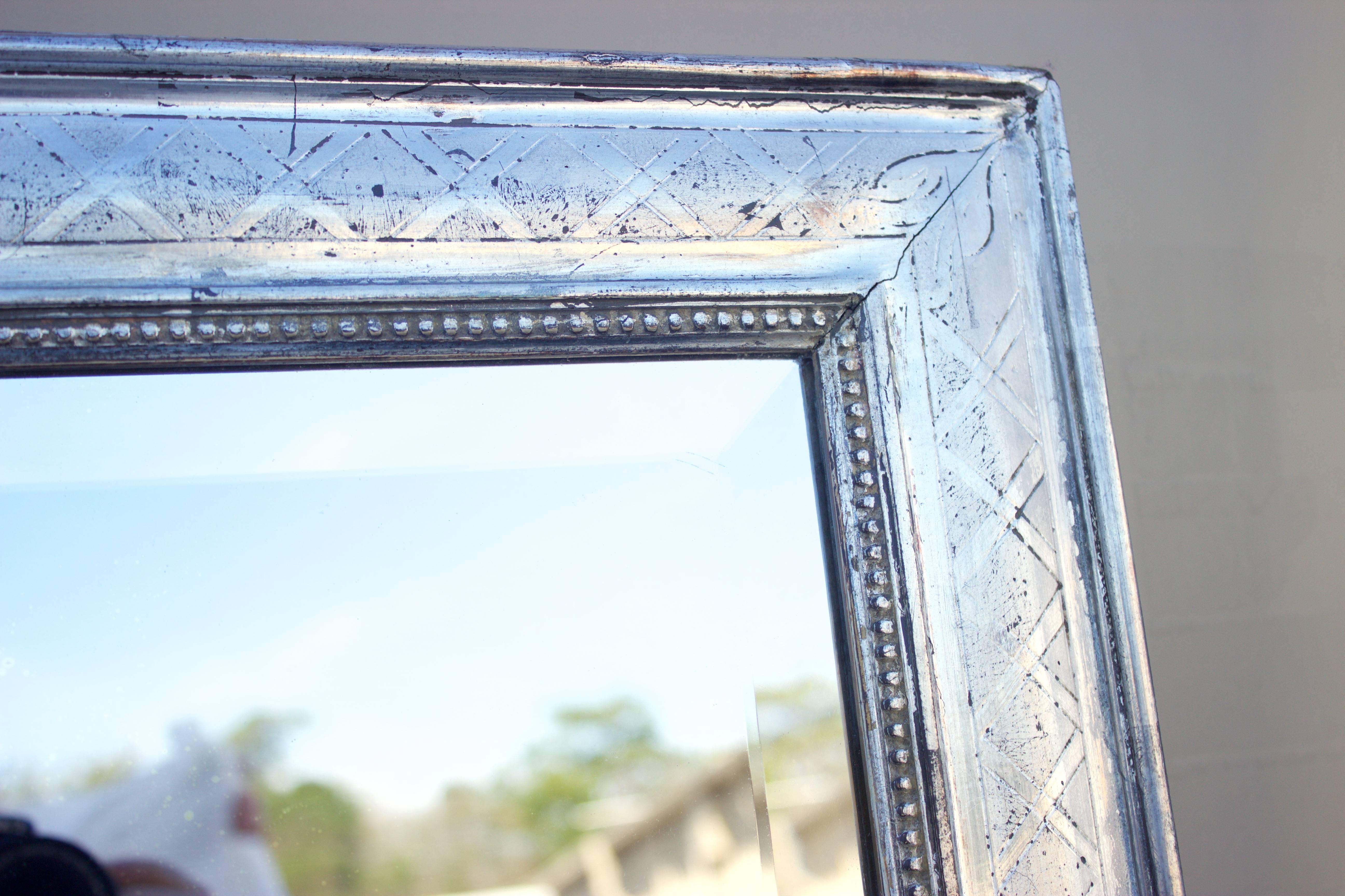 Large Rectangular French Louis Philippe St. Silver Leaf Mirror In Good Condition In Charleston, SC