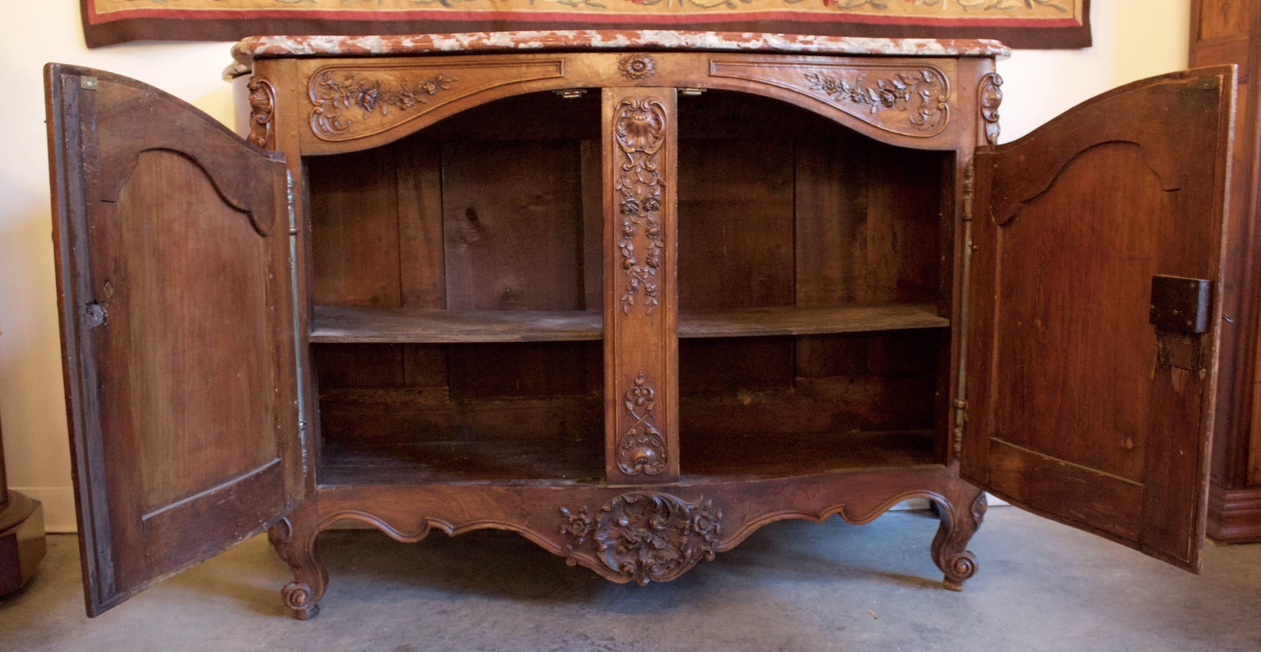 French Exceptional Louis XV Pd Carved Walnut and Marble Top 