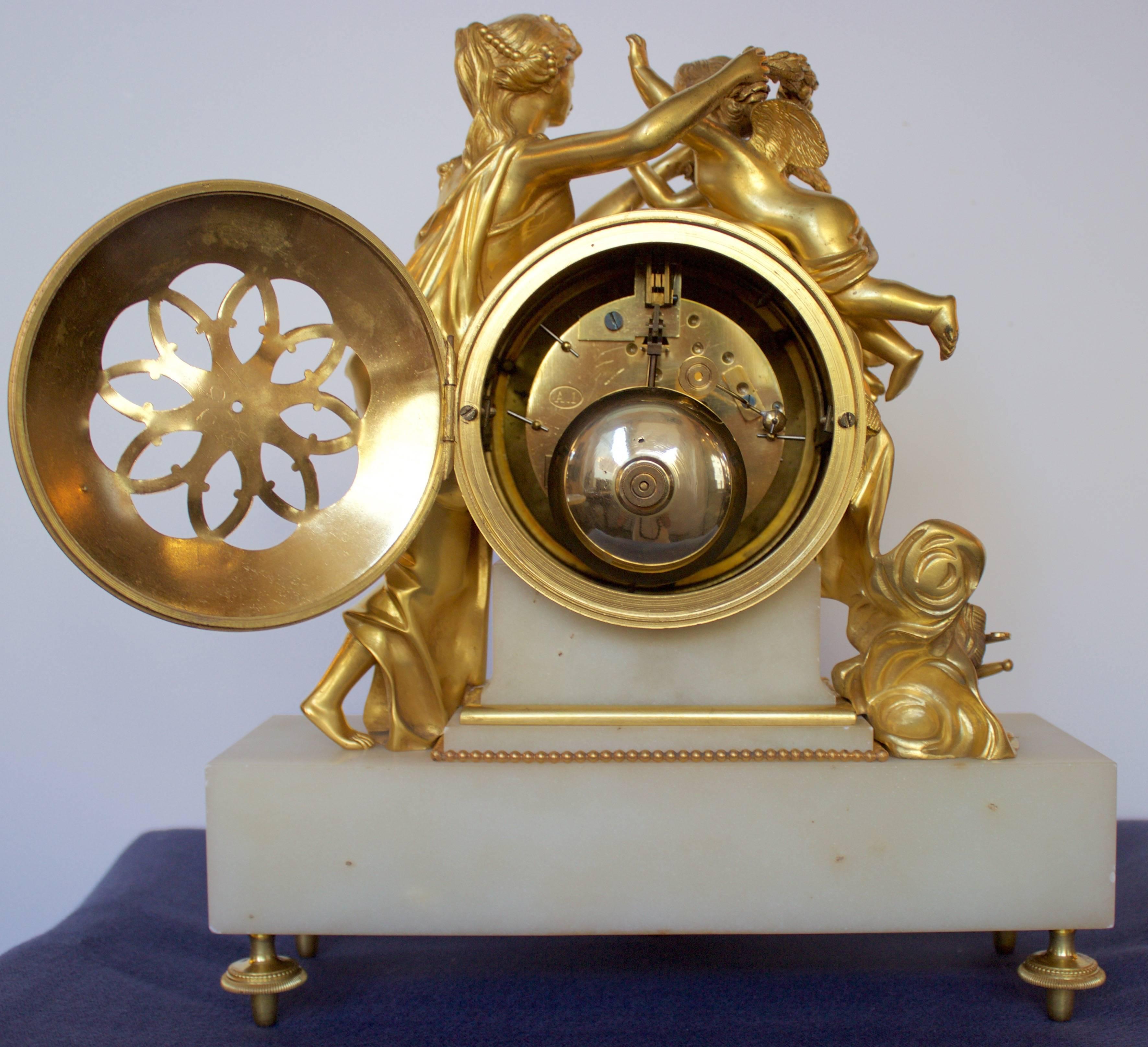Louis XVI French 19th Century Gilt Bronze and Marble Mantel Clock of Psyche and Eros For Sale