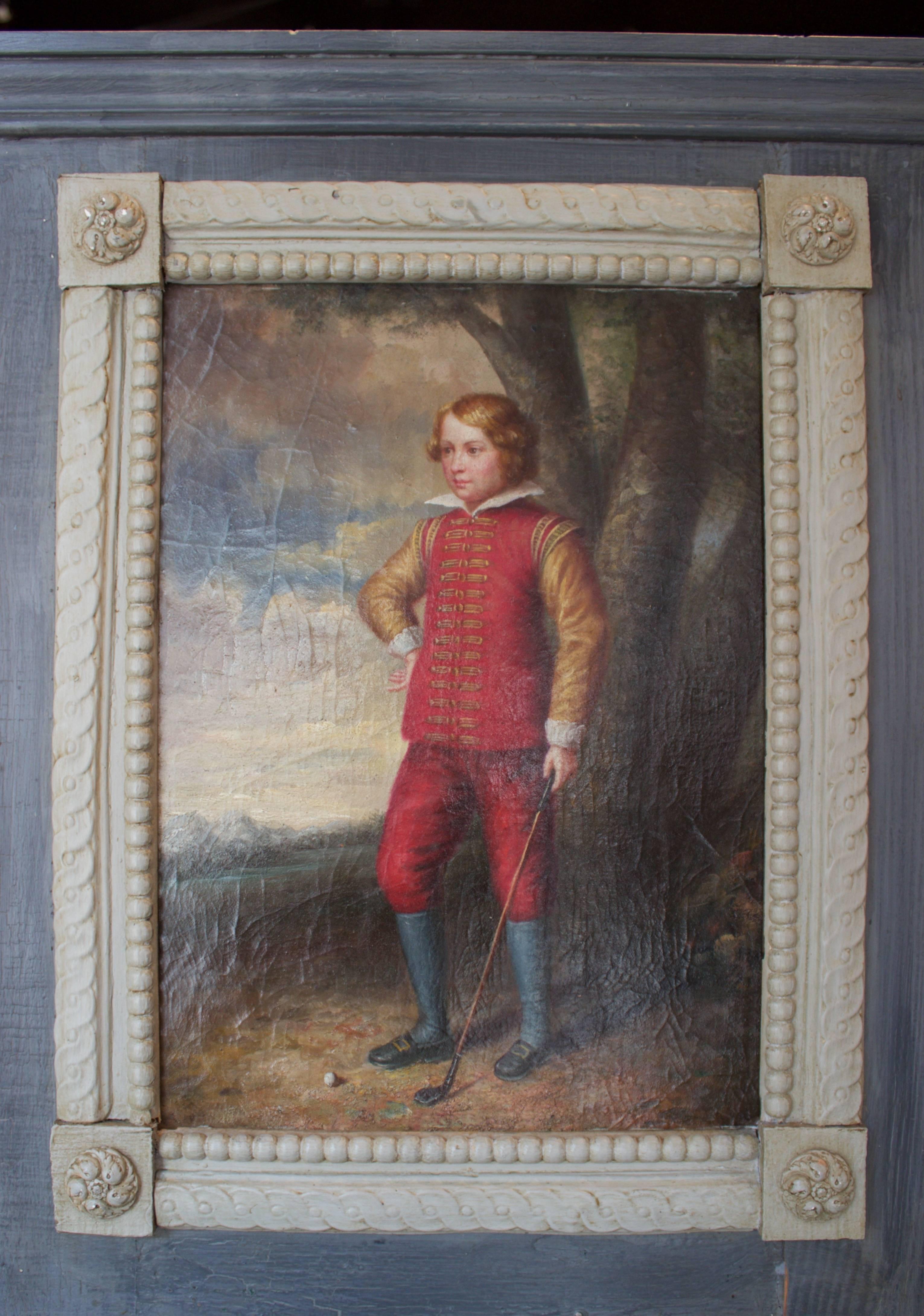 Late 19th Century 19th Century English Painted Trumeau Representing a Young Golfer For Sale