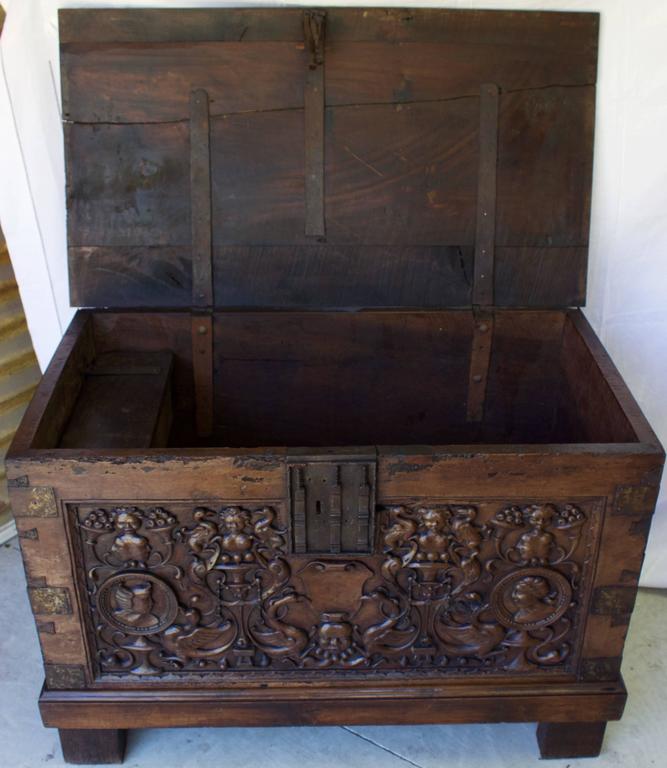 French First Renaissance Walnut Carved Wedding Chest For Sale at 1stDibs