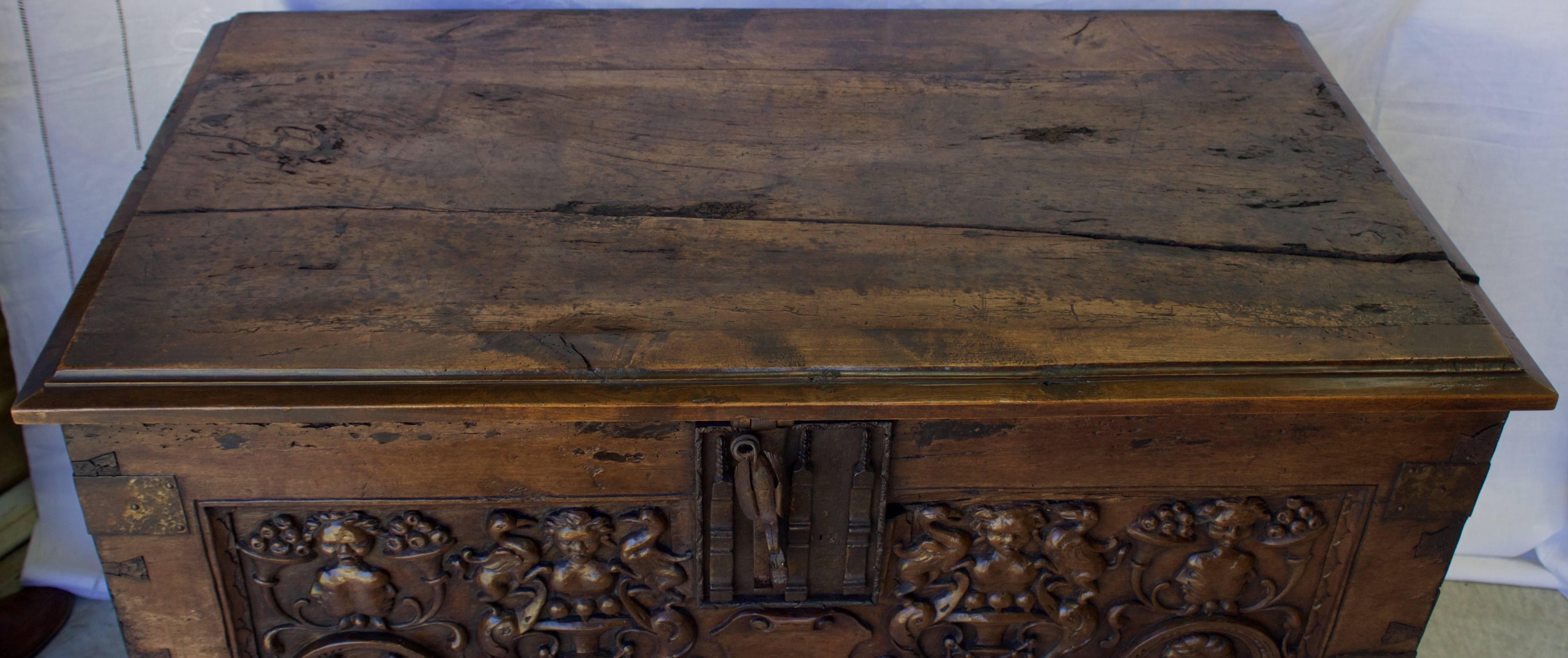 Iron French First Renaissance Walnut Carved Wedding Chest For Sale