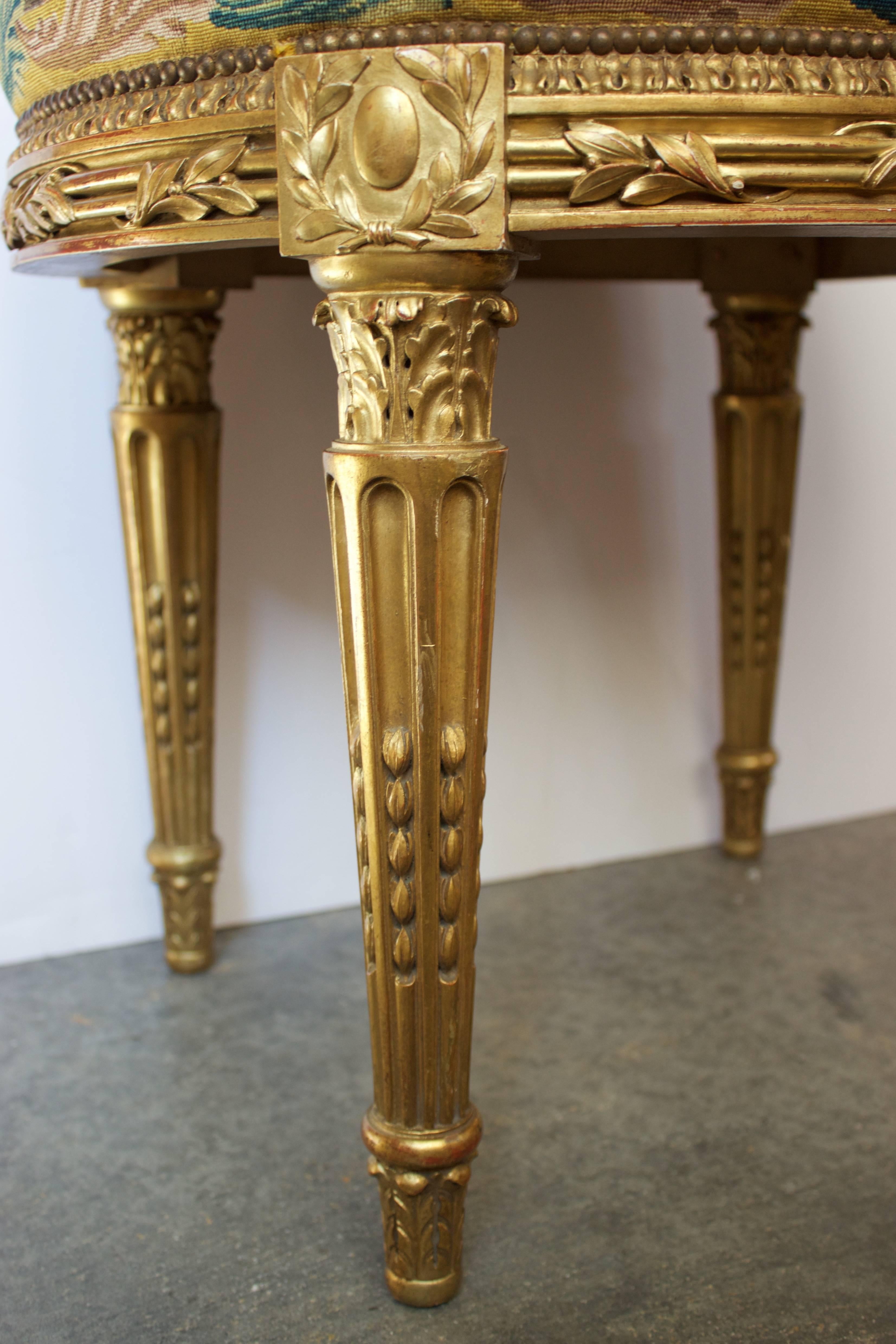 19th Century French Louis XVI Pd Stool in Giltwood and Petit-Point Tapestry For Sale
