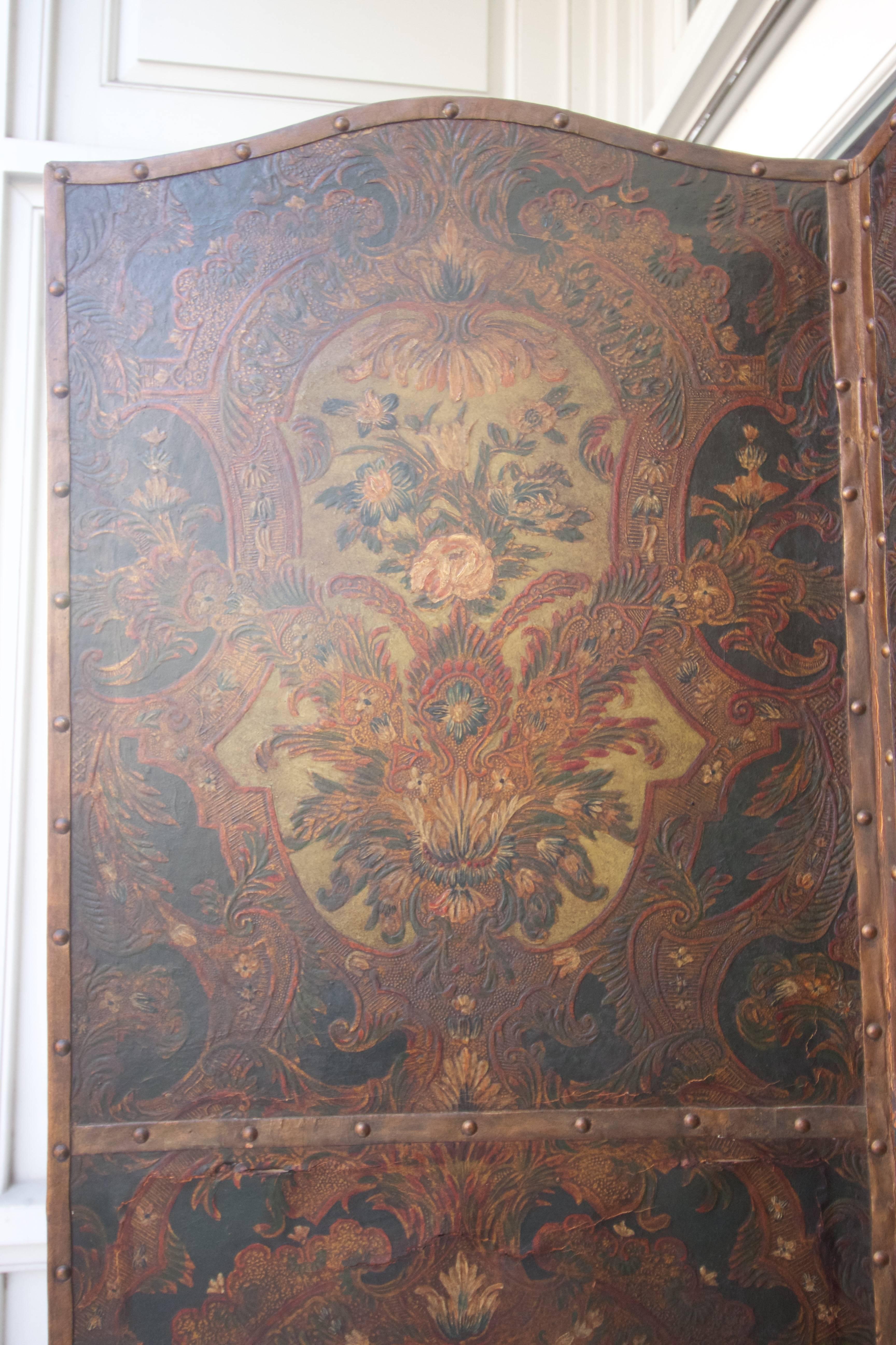 Other 18th Century Three Panel Polychrome Cordovan Leather Screen For Sale