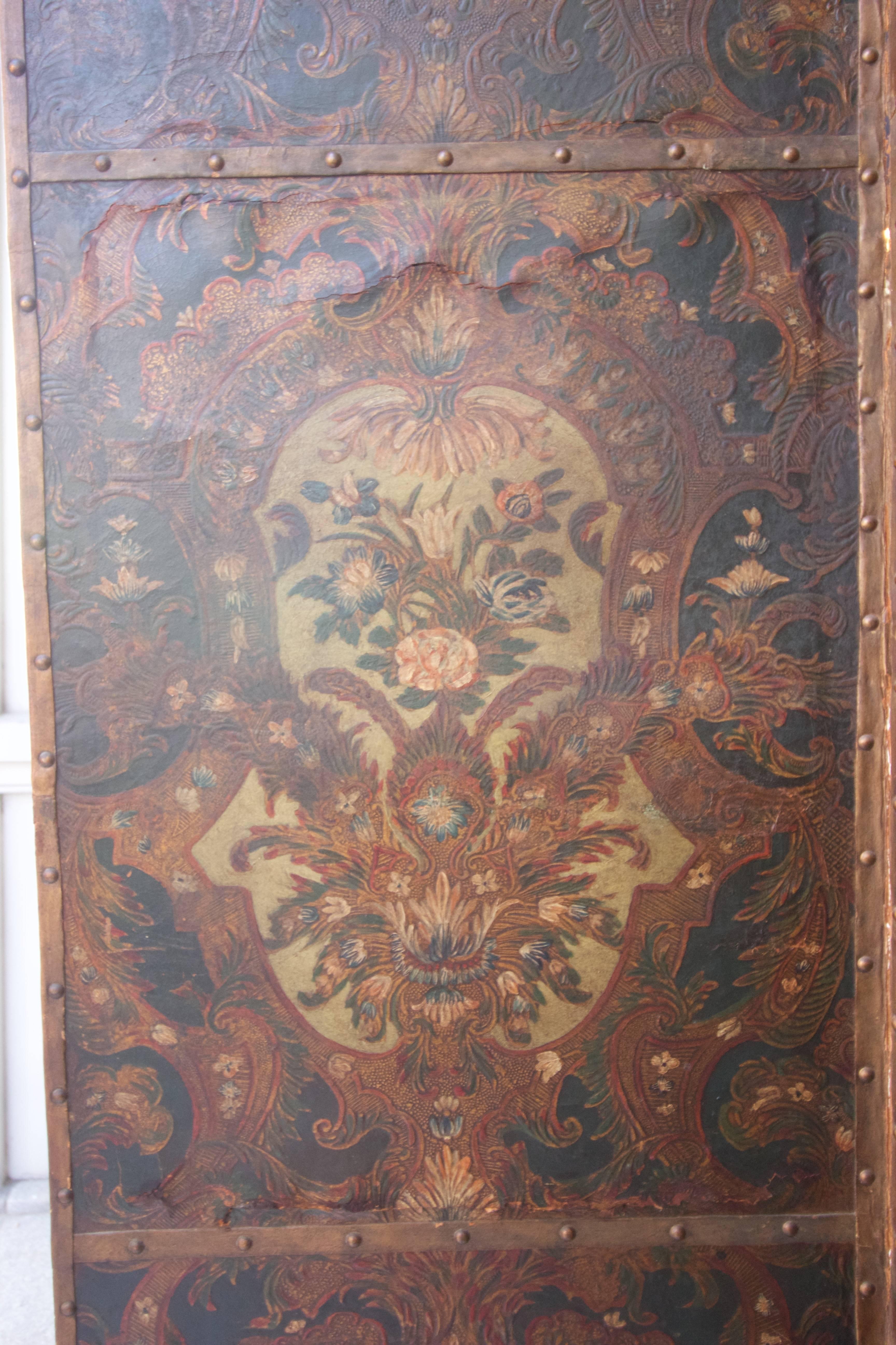 Spanish 18th Century Three Panel Polychrome Cordovan Leather Screen For Sale