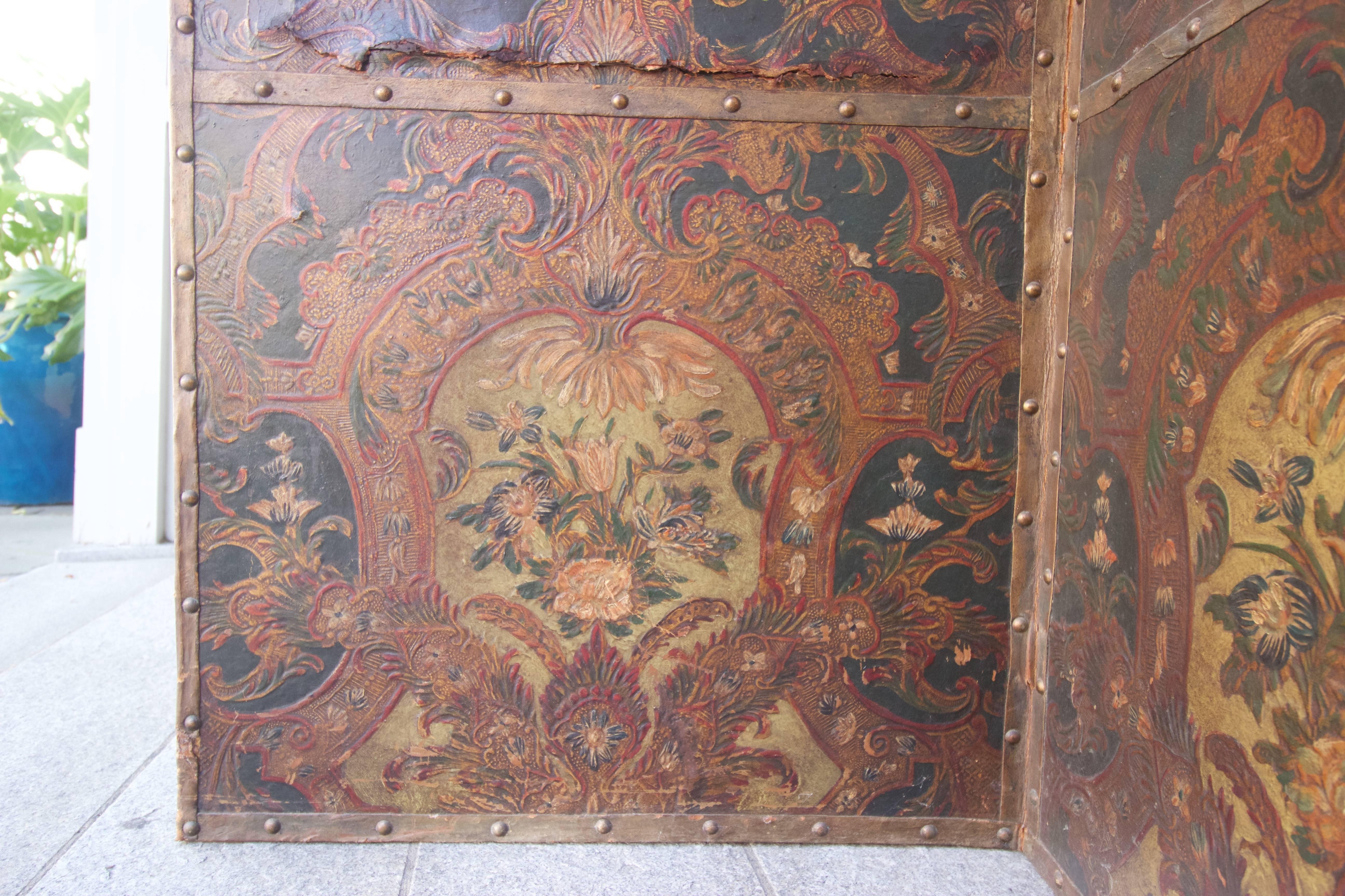 Embossed 18th Century Three Panel Polychrome Cordovan Leather Screen For Sale