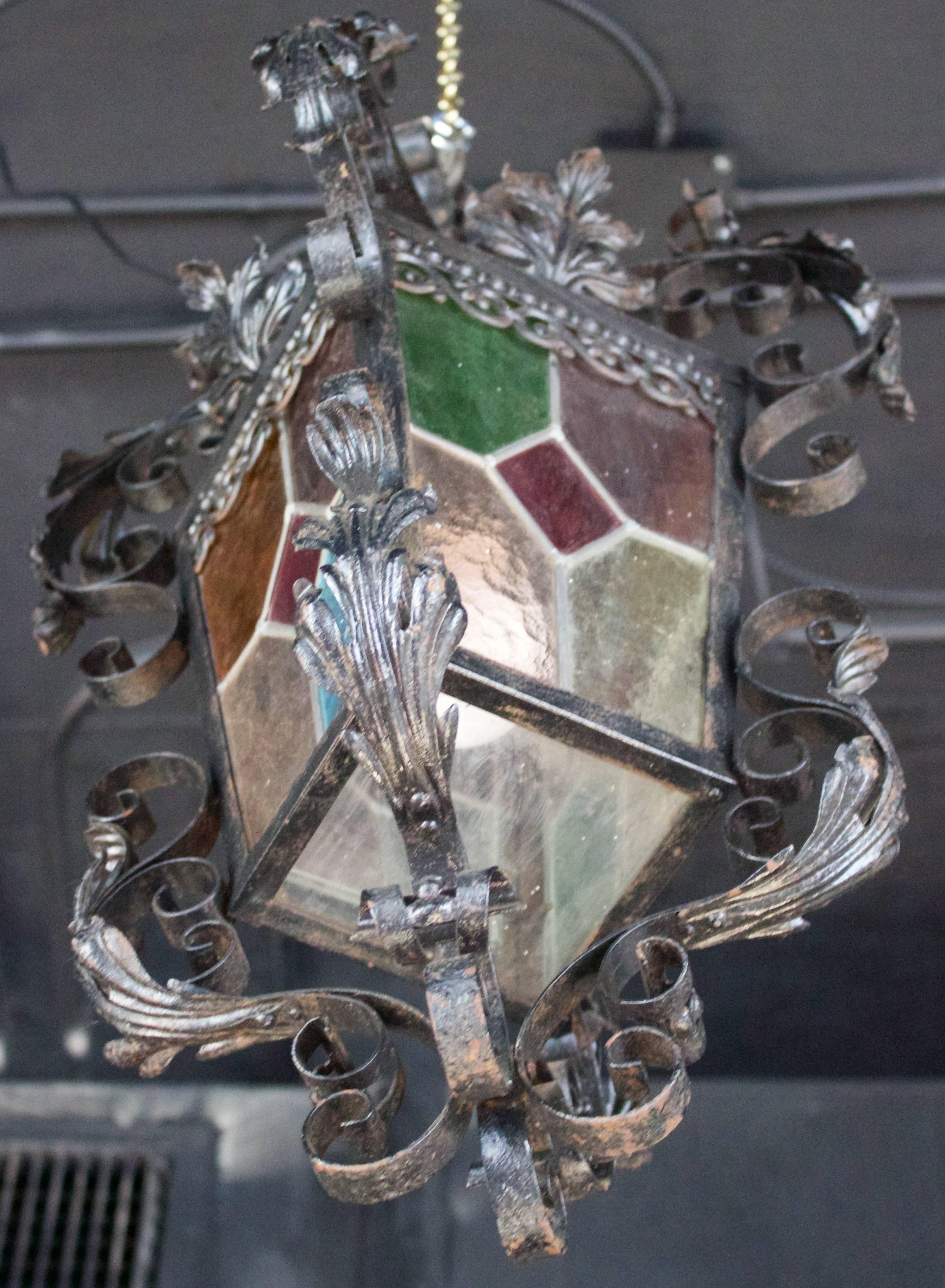 Antique French Lantern in Iron and Stained Glass Panels In Good Condition For Sale In Charleston, SC