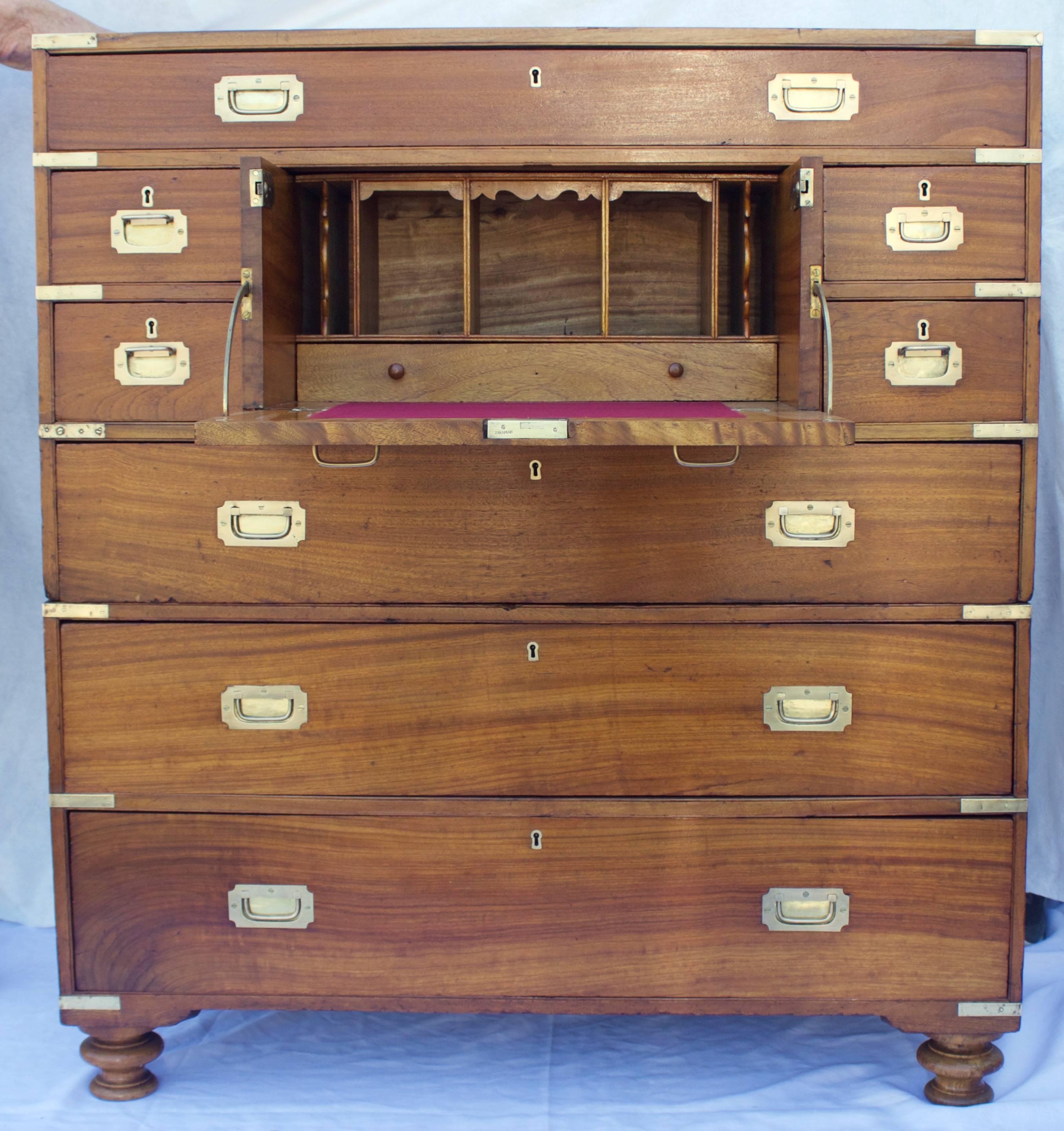 Very exceptional 19th century. British officer’s campaign chest's which stack to become one chest with a desk. Brass hardware and camphor wood.