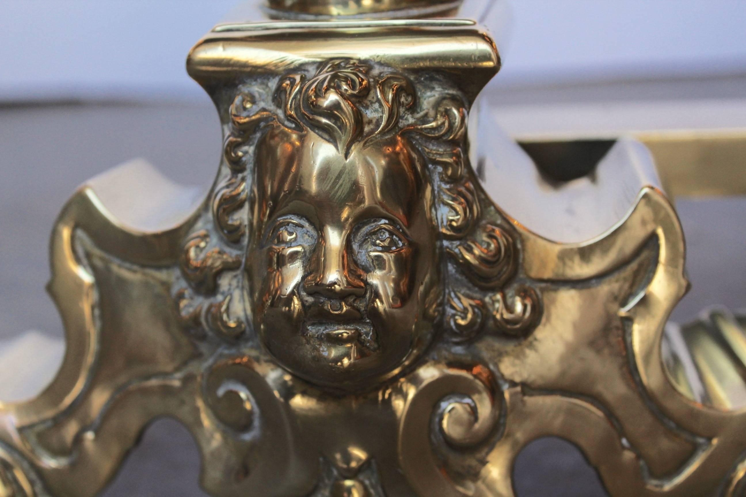 18th Century Louis XIV Brass and Cast Iron Andirons