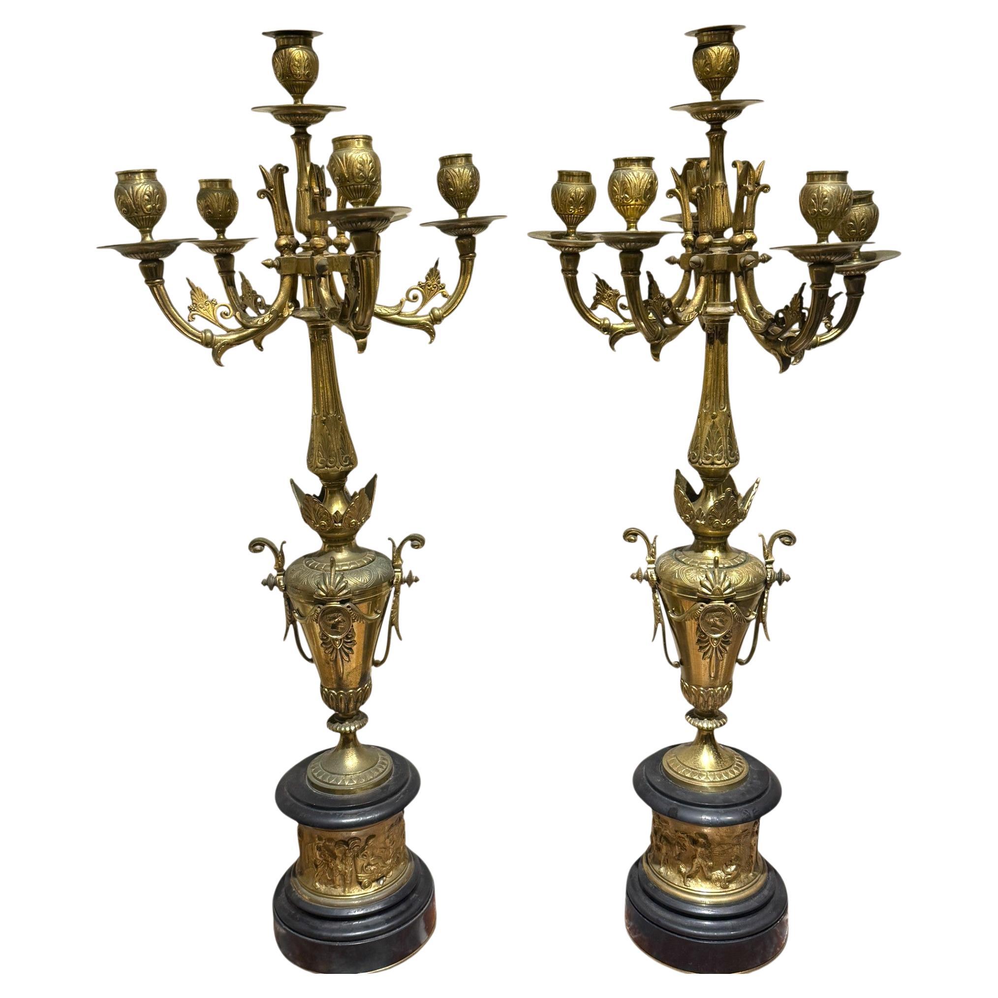Pair of Gilt Bronze Candelabras on Stone Bases, 19th Century For Sale