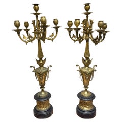 Pair of Gilt Bronze Candelabras on Stone Bases, 19th Century