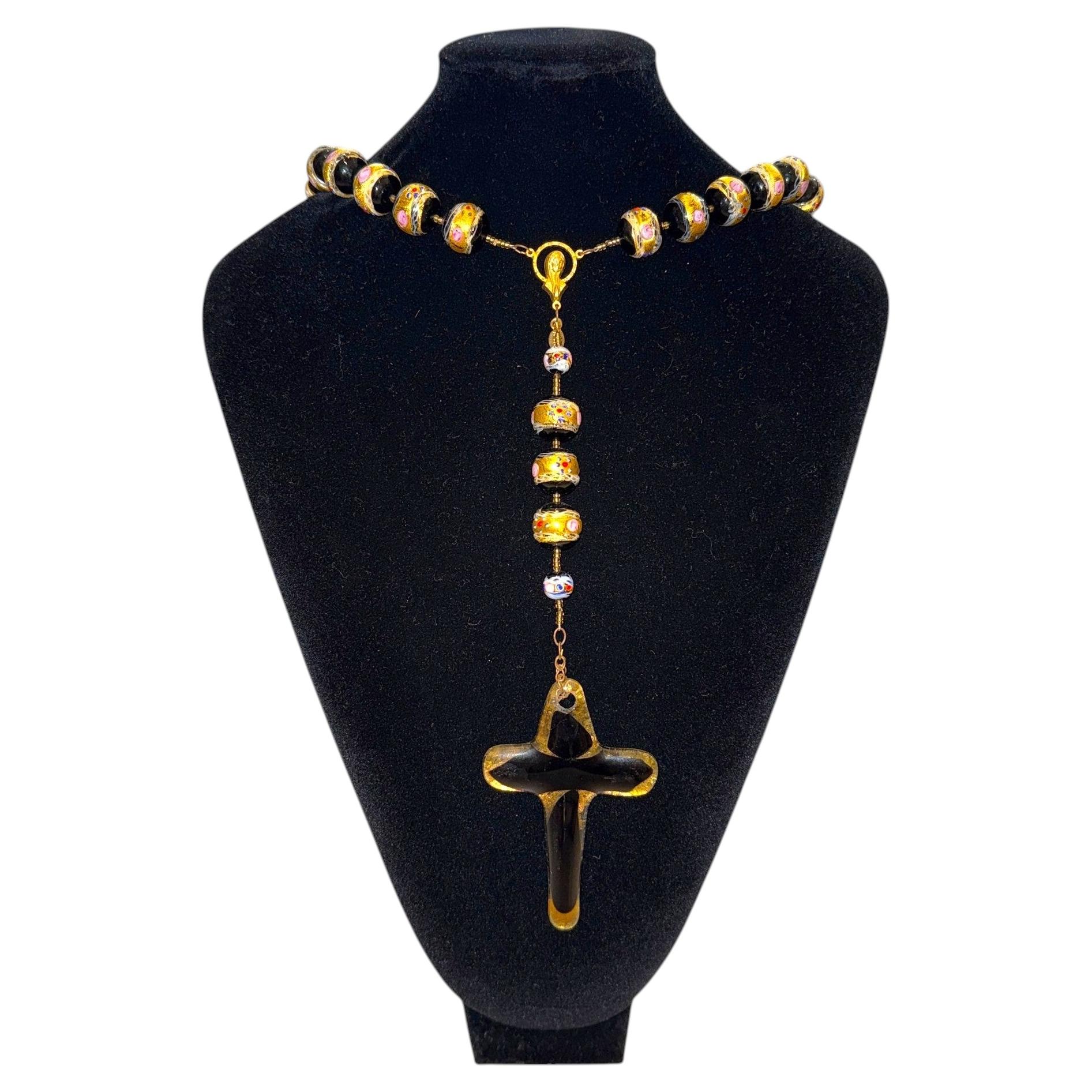 Murano Glass Wedding Cake Bead Rosary with Glass Cross For Sale