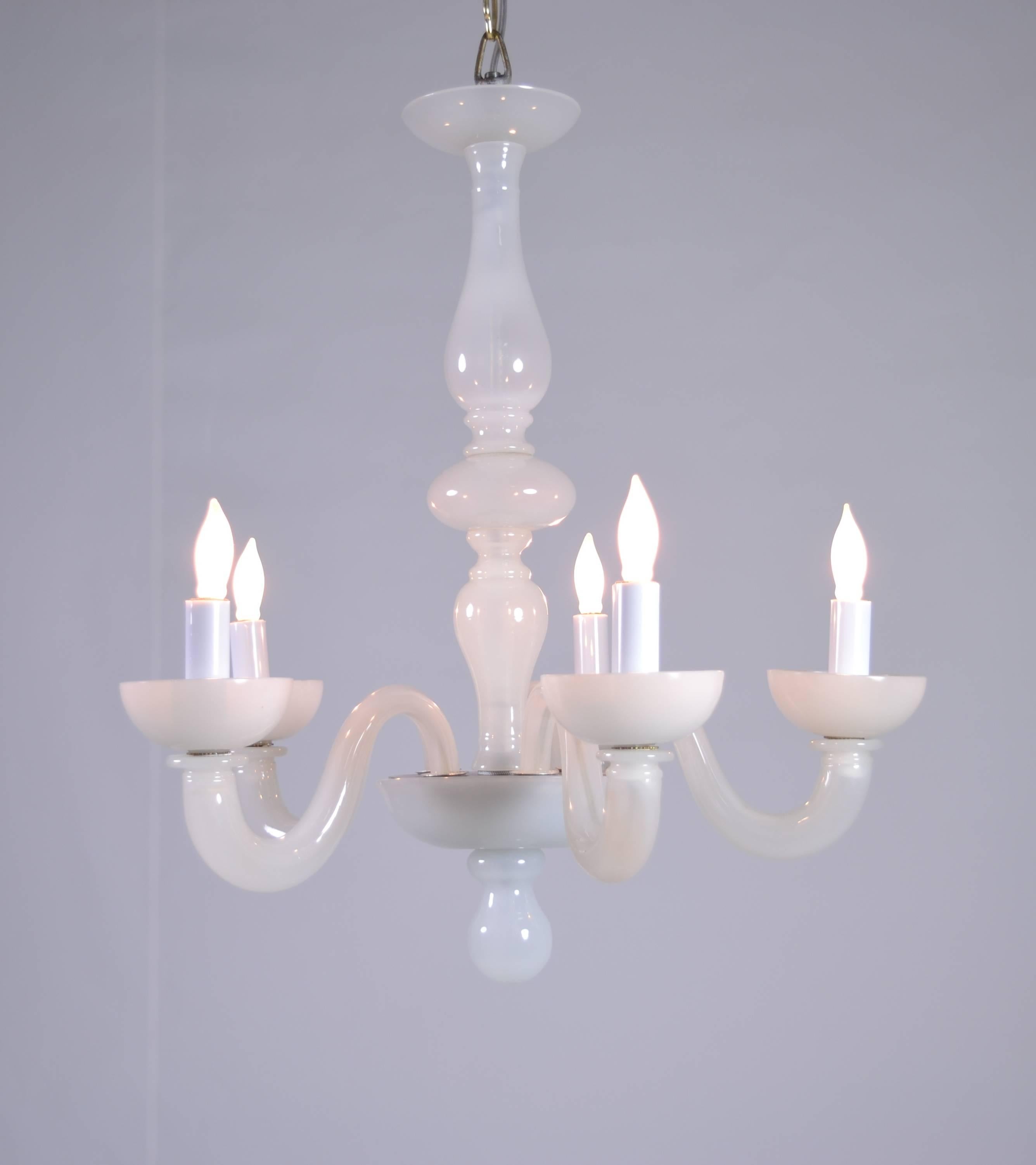 A charming Murano pearly opalescent chandelier. Great small scale. Beautiful luster. Five arms, all newly wiring.