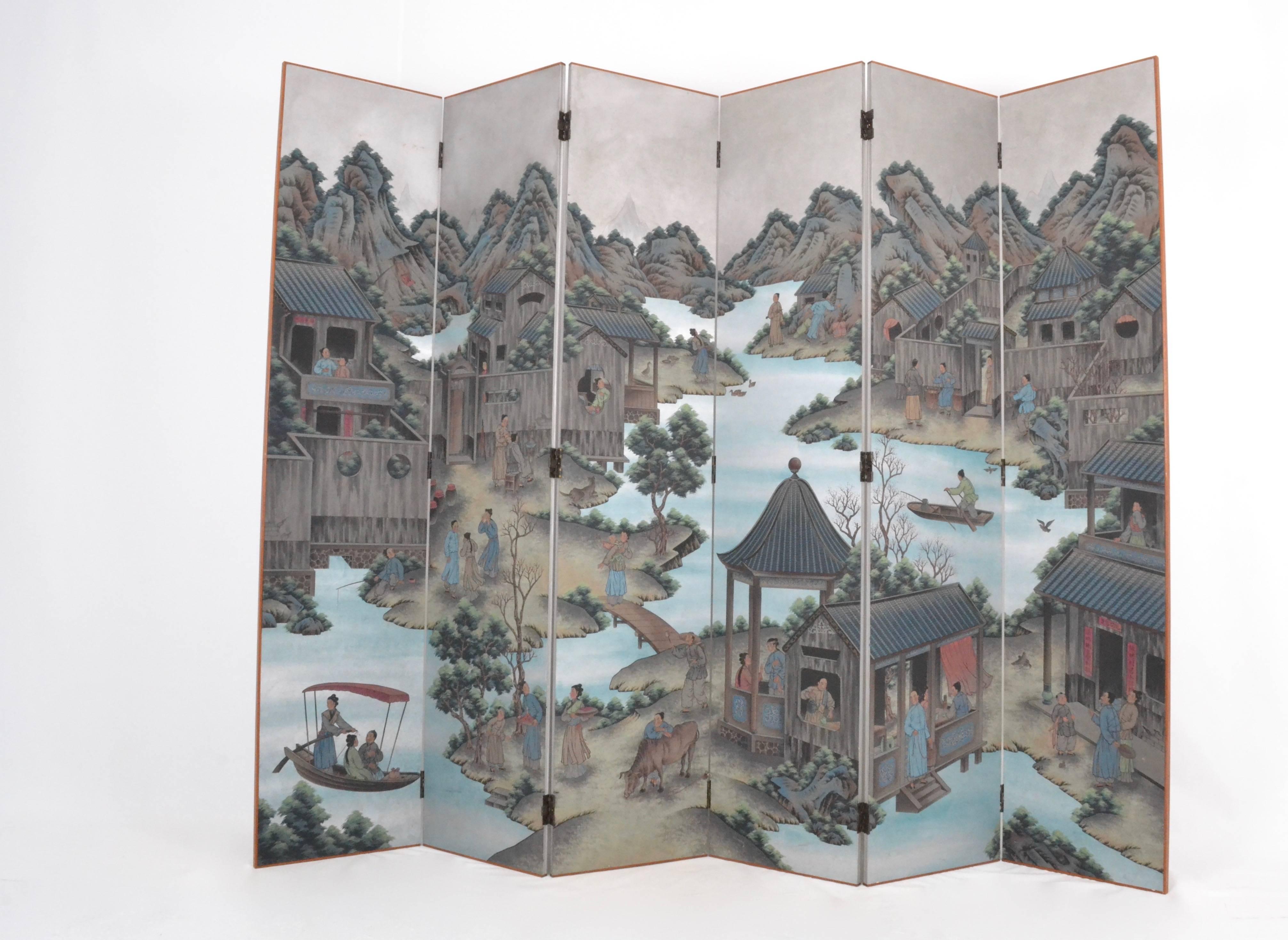Silvery background sky on a fine hand-painted paper applied to a six panel screen featuring a Japanese waterscape. Lovely colors and striking detail. The back is covered in silver tea paper. Edges are finished with mahogany battens.
