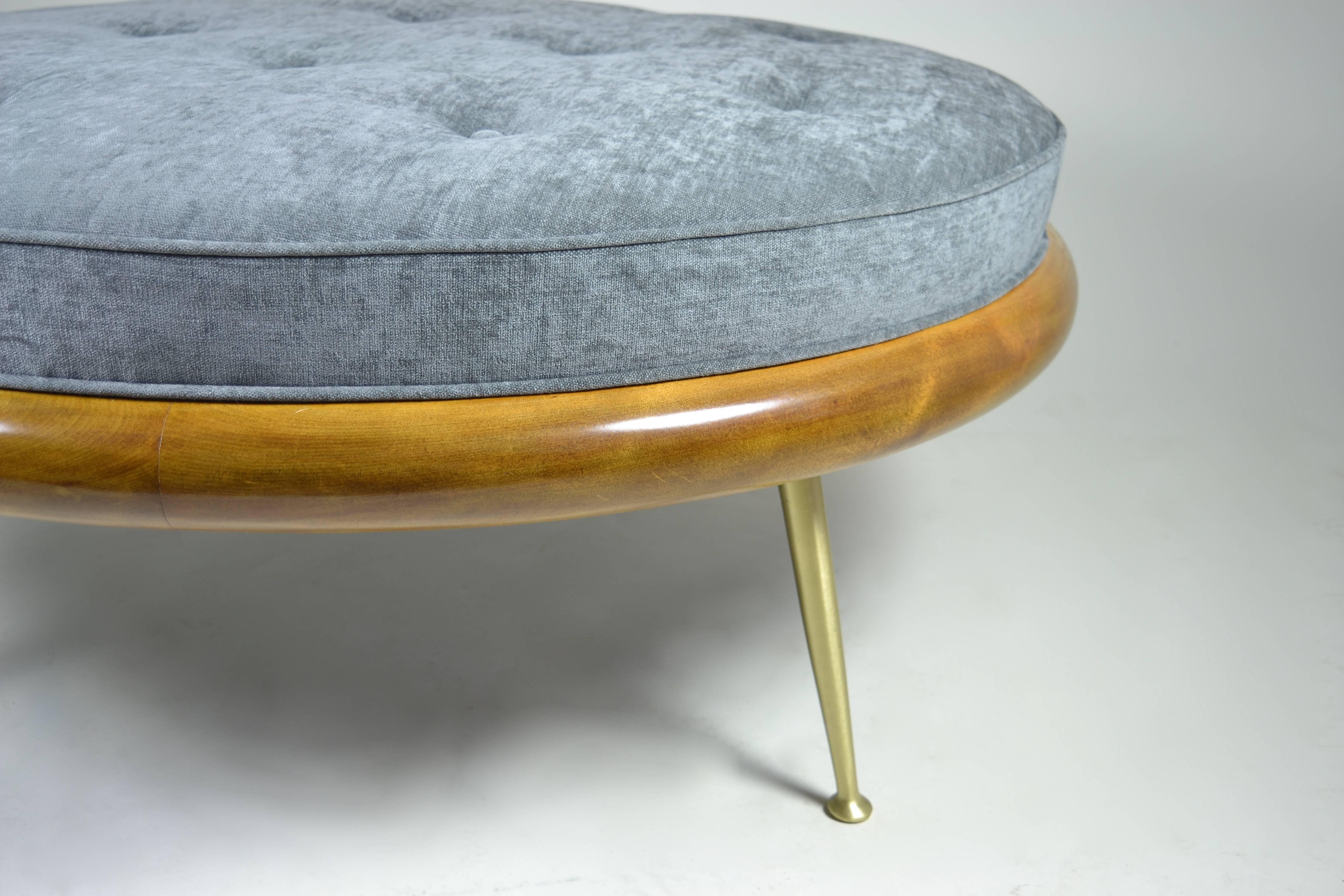Designed by Terence Harold Robsjohn-Gibbings for Widdicomb Furniture Company, circa 1950. Satin polished solid brass legs, solid walnut. Button detailed upholstery in grey velvet. Excellent fully restored condition.