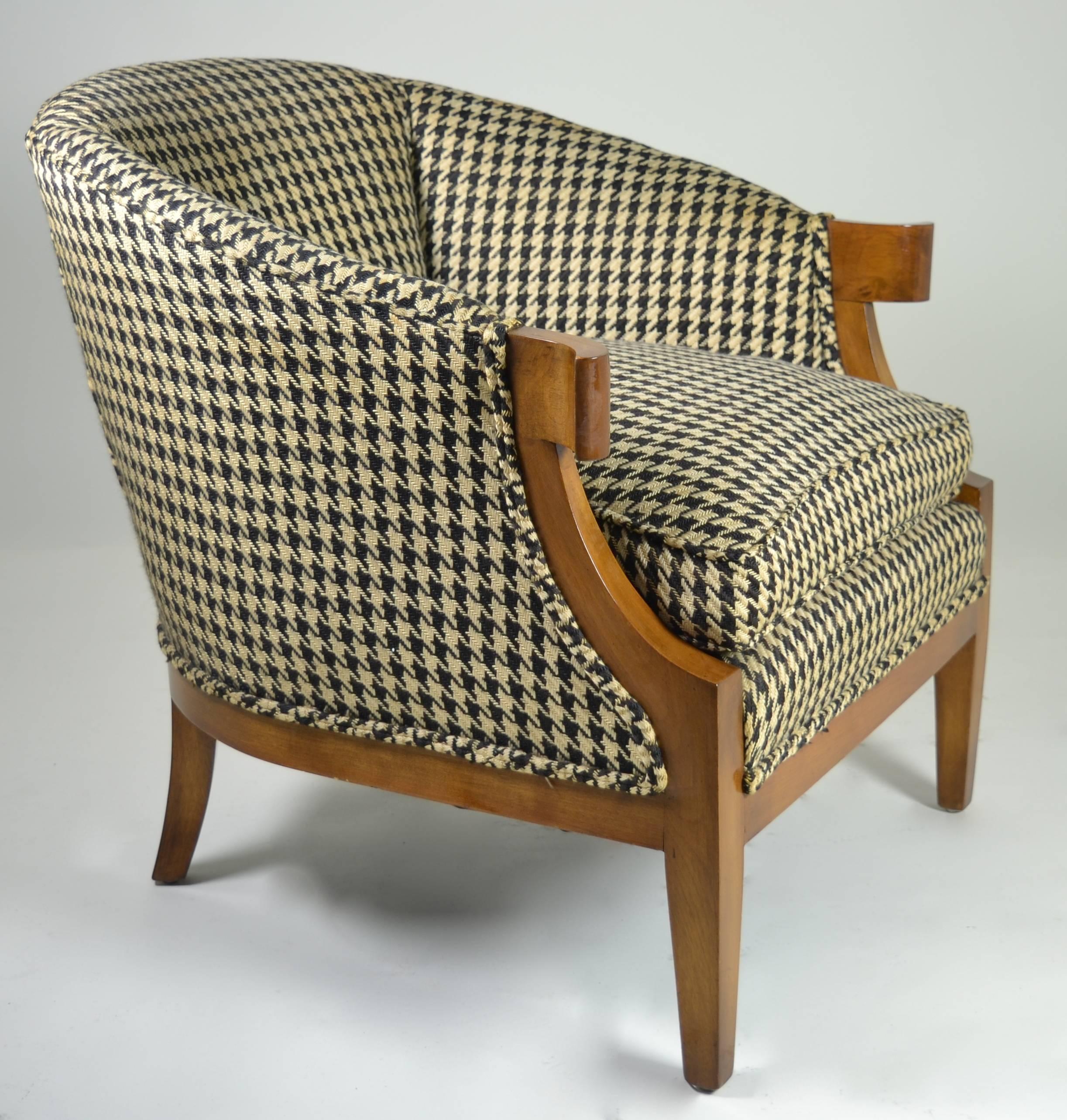Handsome Club Chair, from the Continental Collection. This example covered in a great black and tan hounds tooth wool blend. Cushion is feather/fiber.