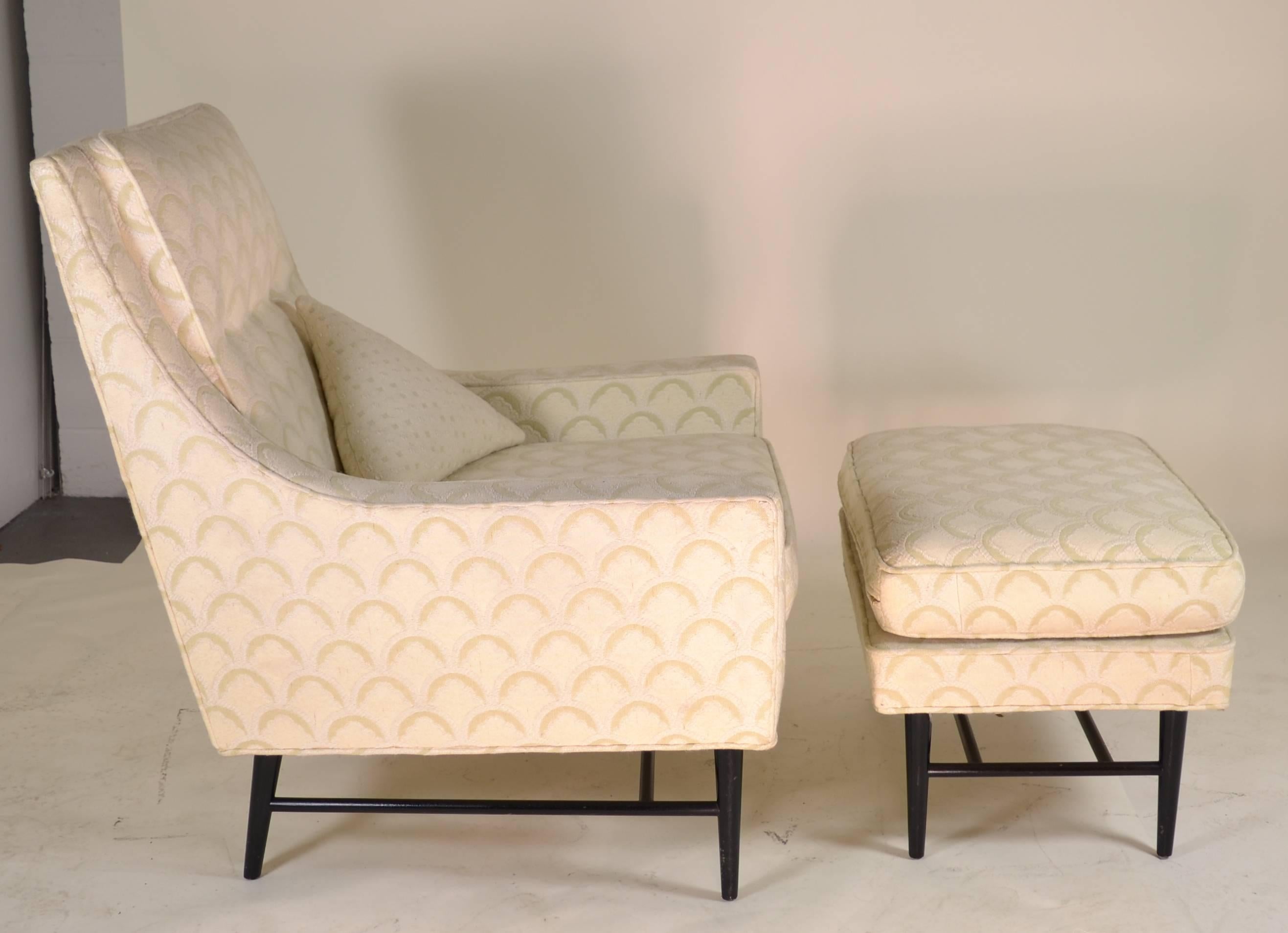 Classic modern design lounge chair with matching ottoman. Very good condition, attractive white on white woven upholstery shows very little wear. Nice large size. Chair measures: 32