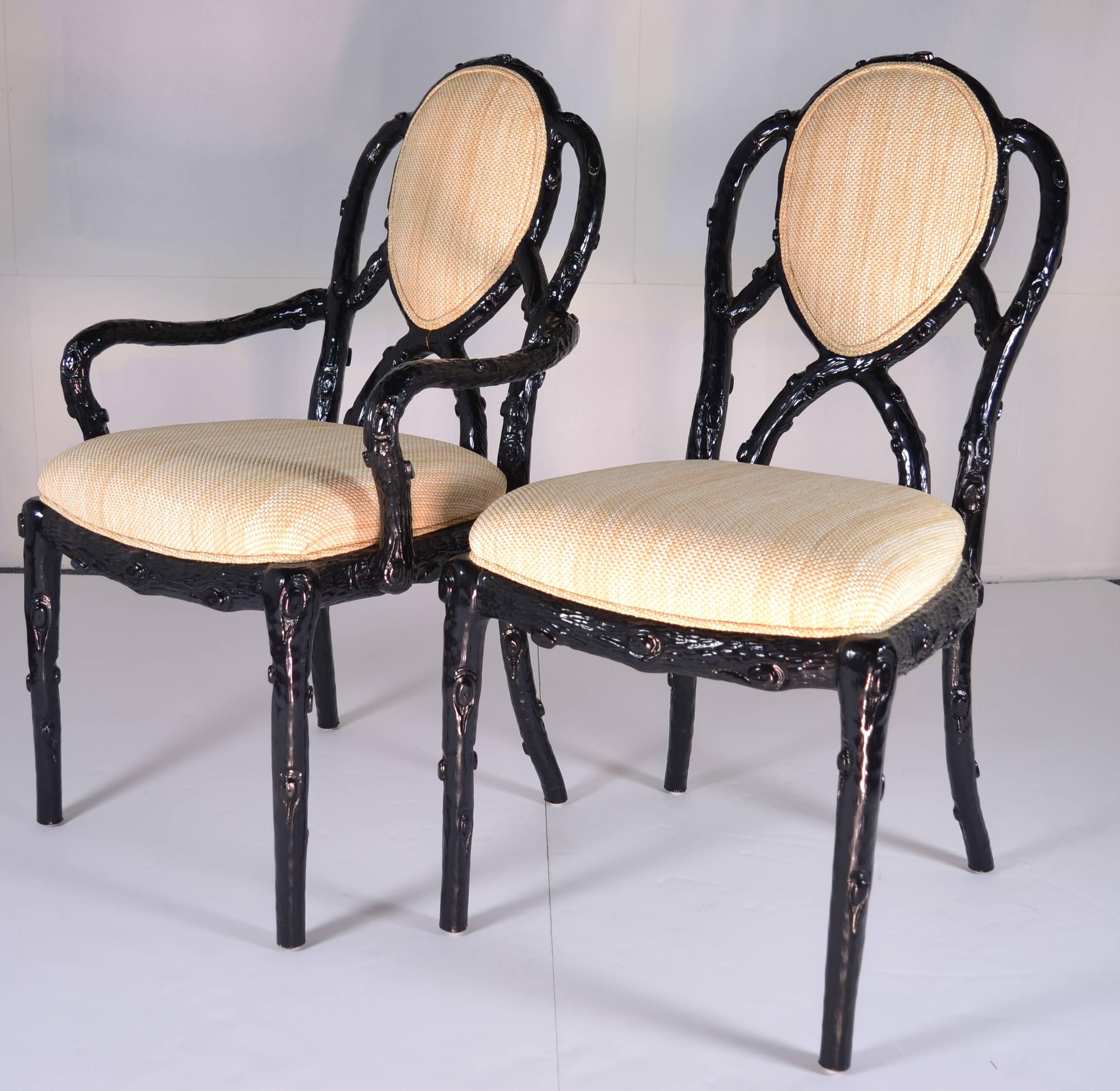 Set of Eight Faux Bois Dining Chairs in Black Lacquer 1