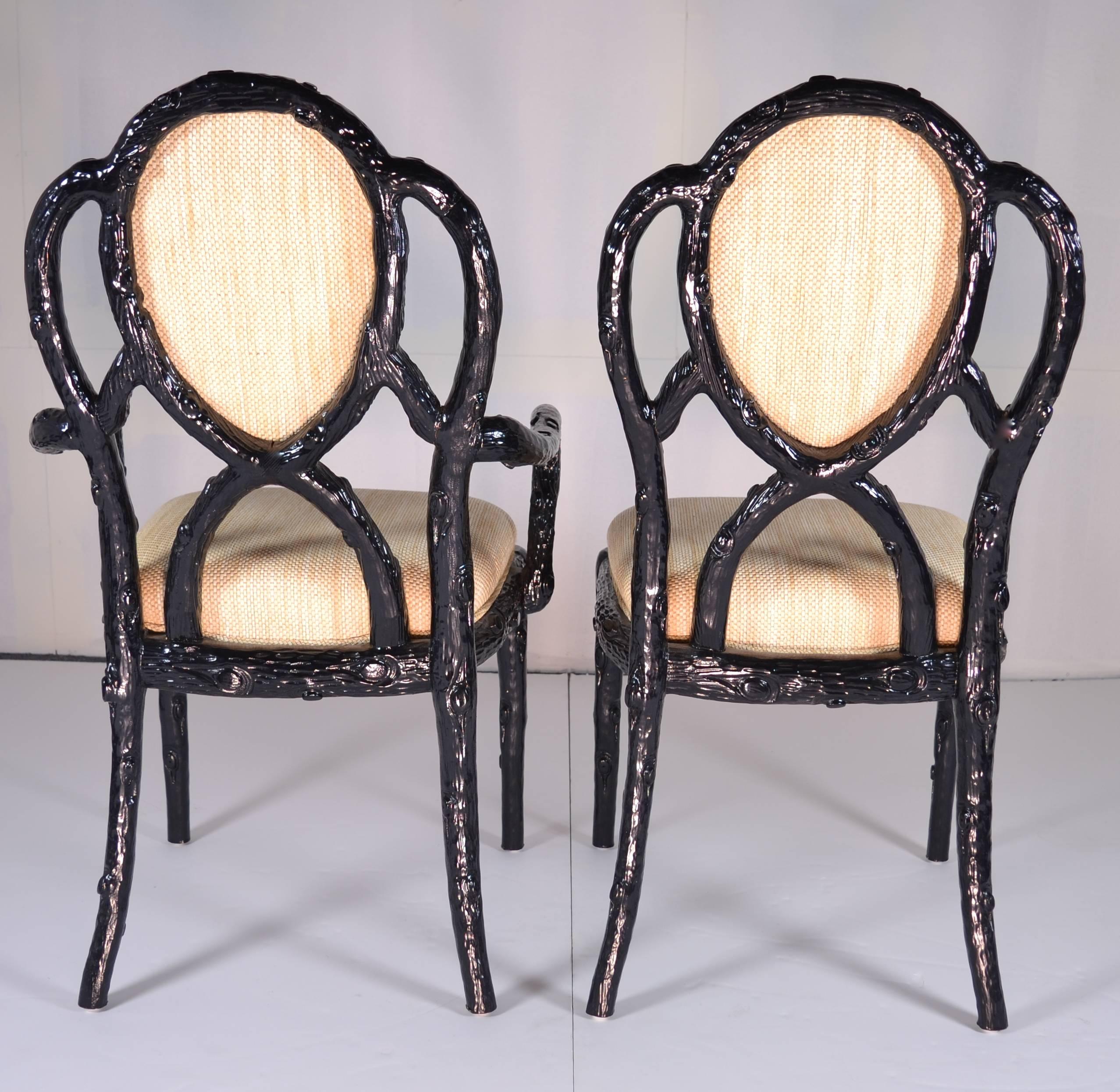 Set of Eight Faux Bois Dining Chairs in Black Lacquer 2