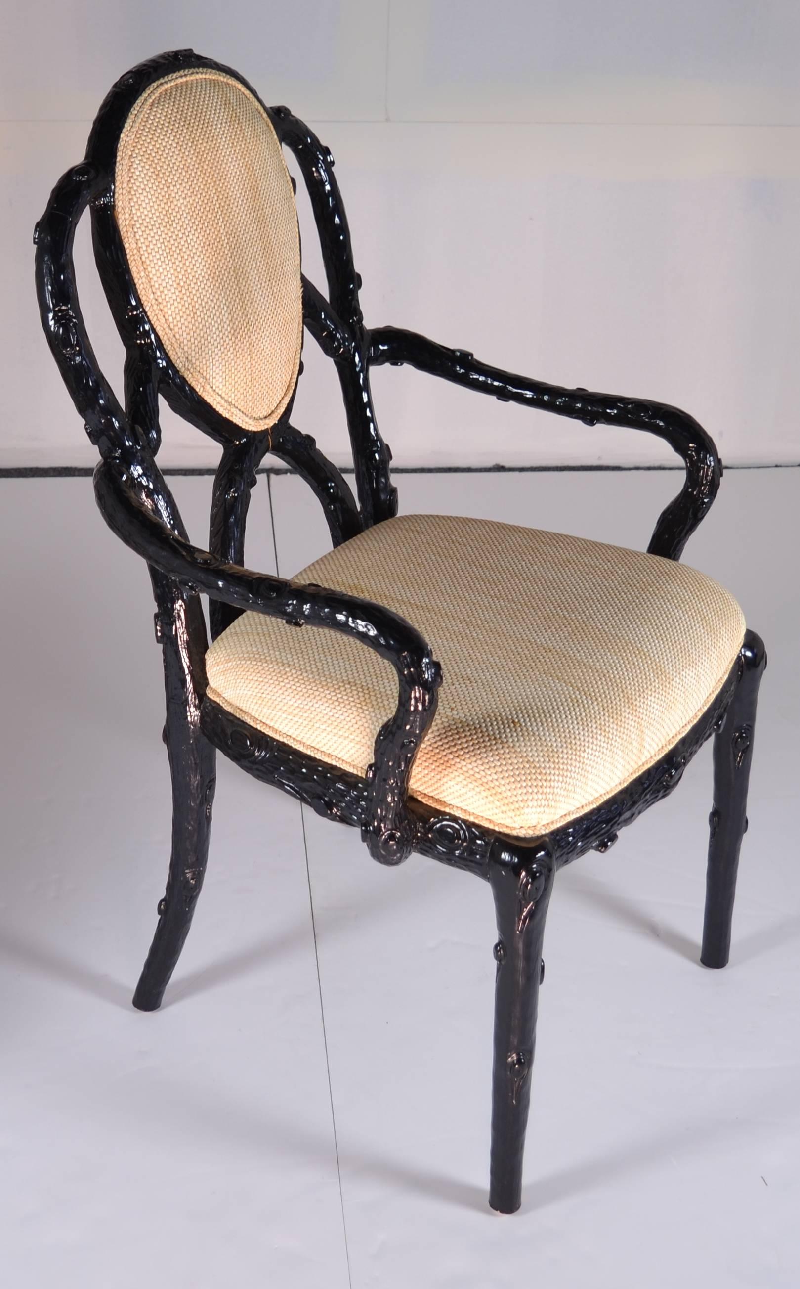 Set of Eight Faux Bois Dining Chairs in Black Lacquer 5