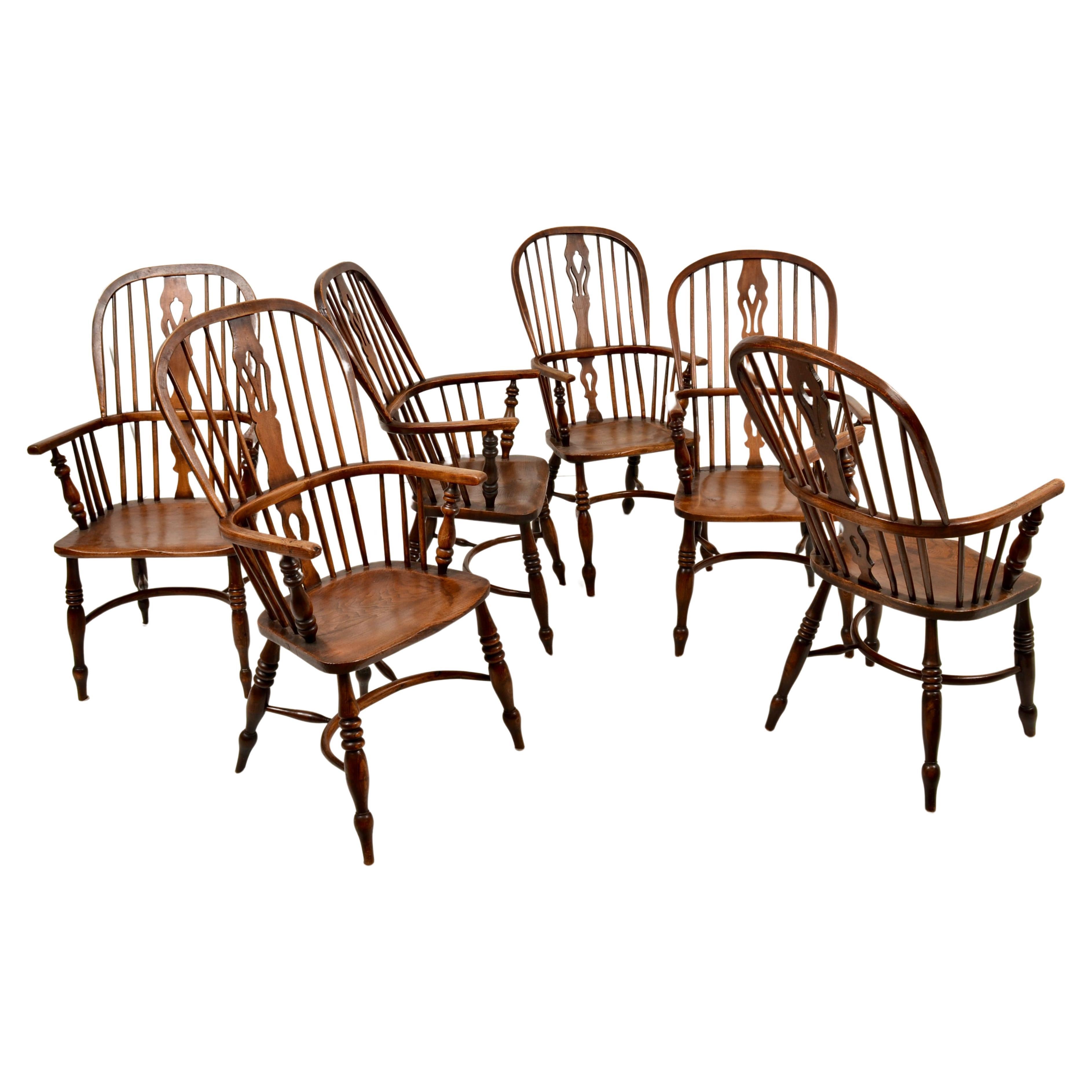 19th C English Oak Windsor Chairs - Set of Six For Sale