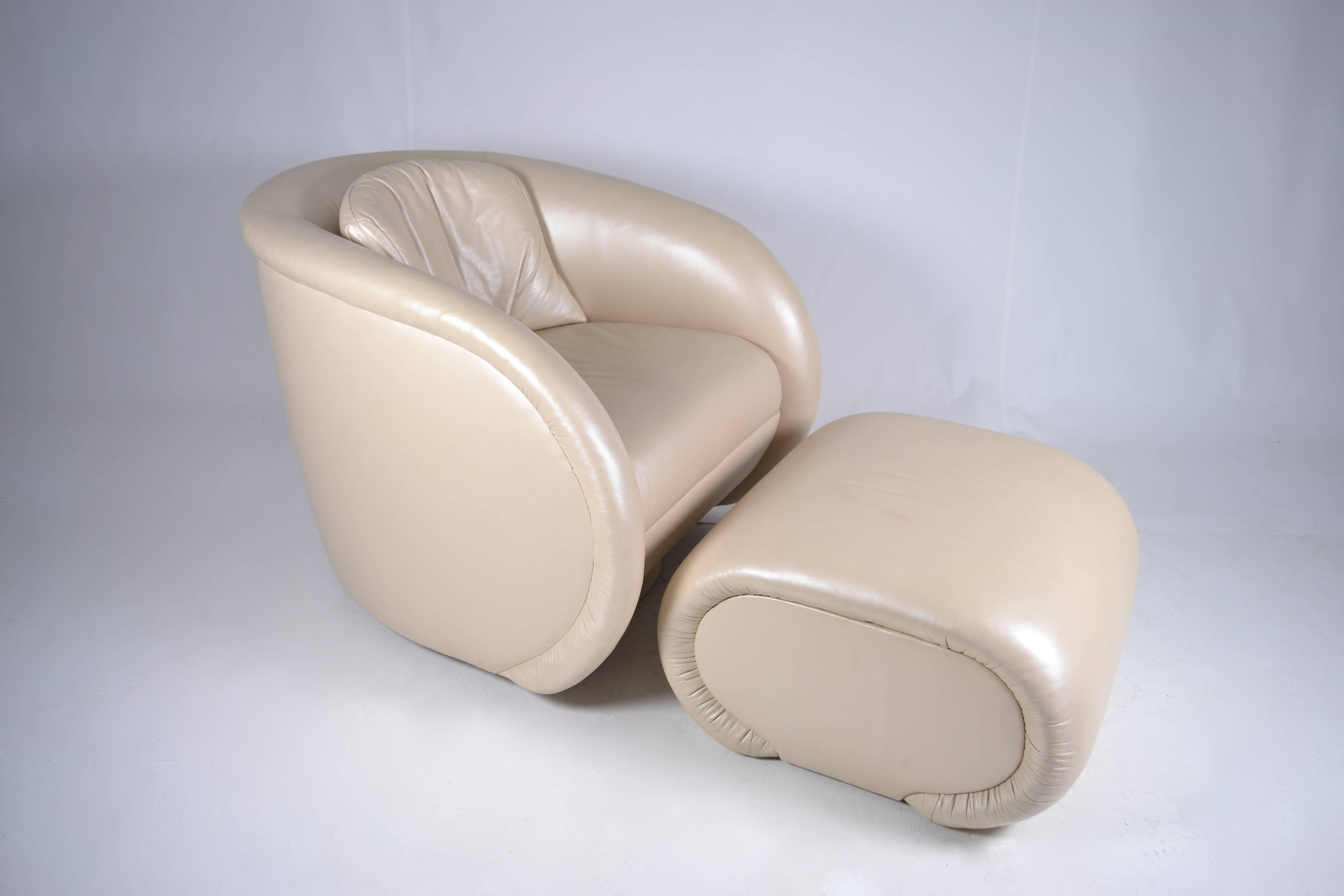 Mid-Century Modern Preview Furniture Chair and Ottoman in Pearlized Leather 1980s 