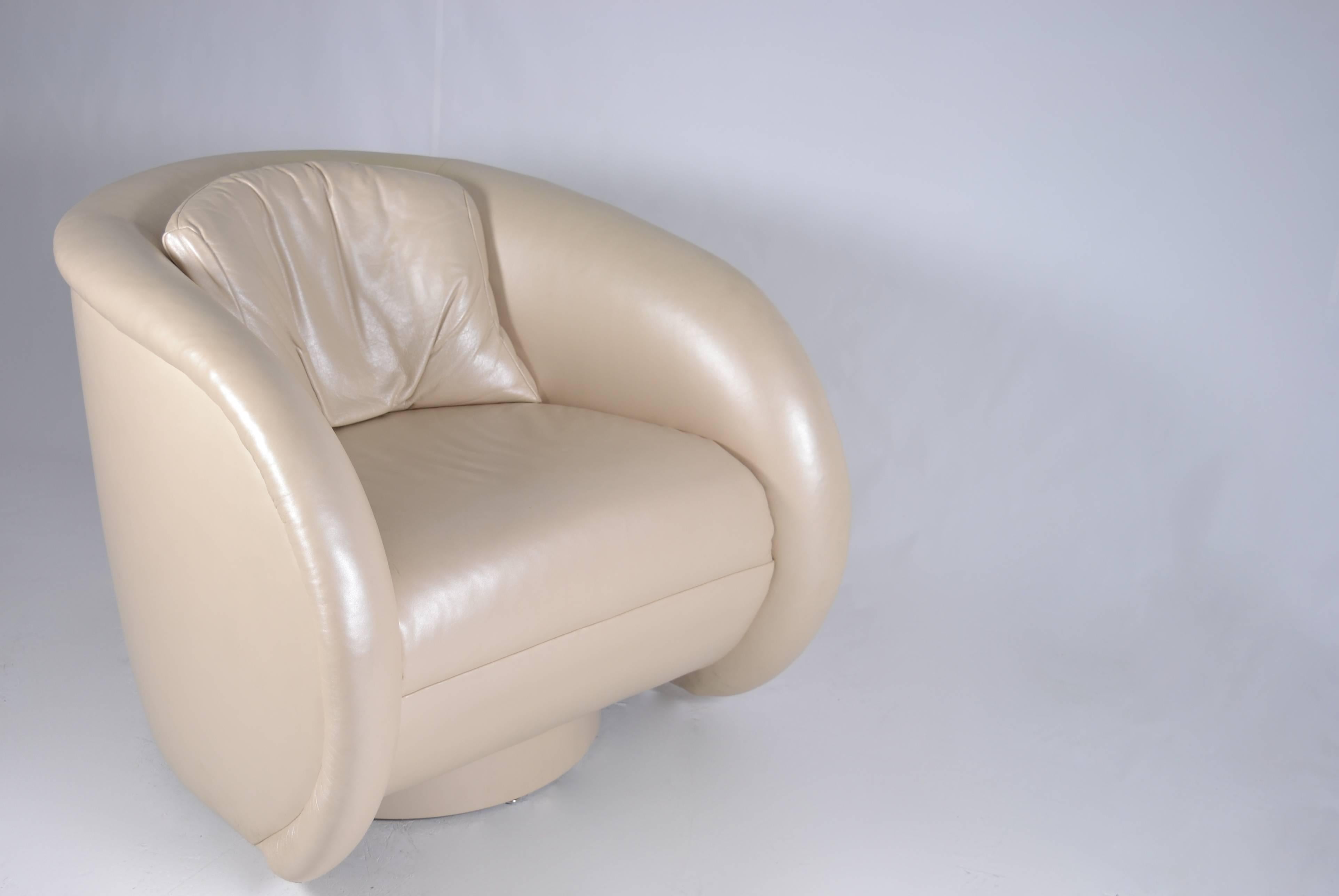 American Preview Furniture Chair and Ottoman in Pearlized Leather 1980s 