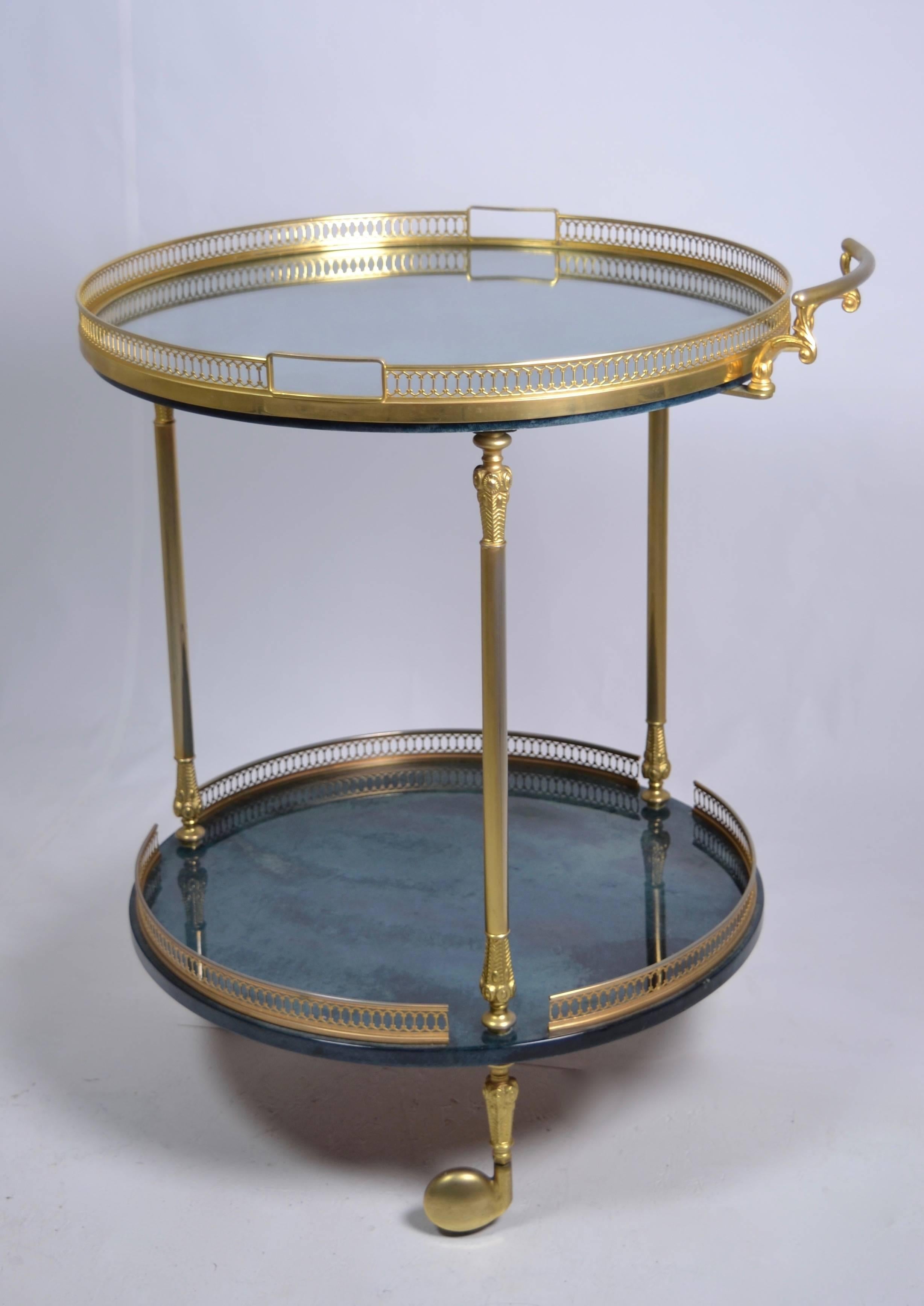 It's all about the great blue color of the lacquered goat skin on this Classic Aldo Tura bar cart. Nice quality gold-tone fittings and removable glass serving tray. Really nice condition.