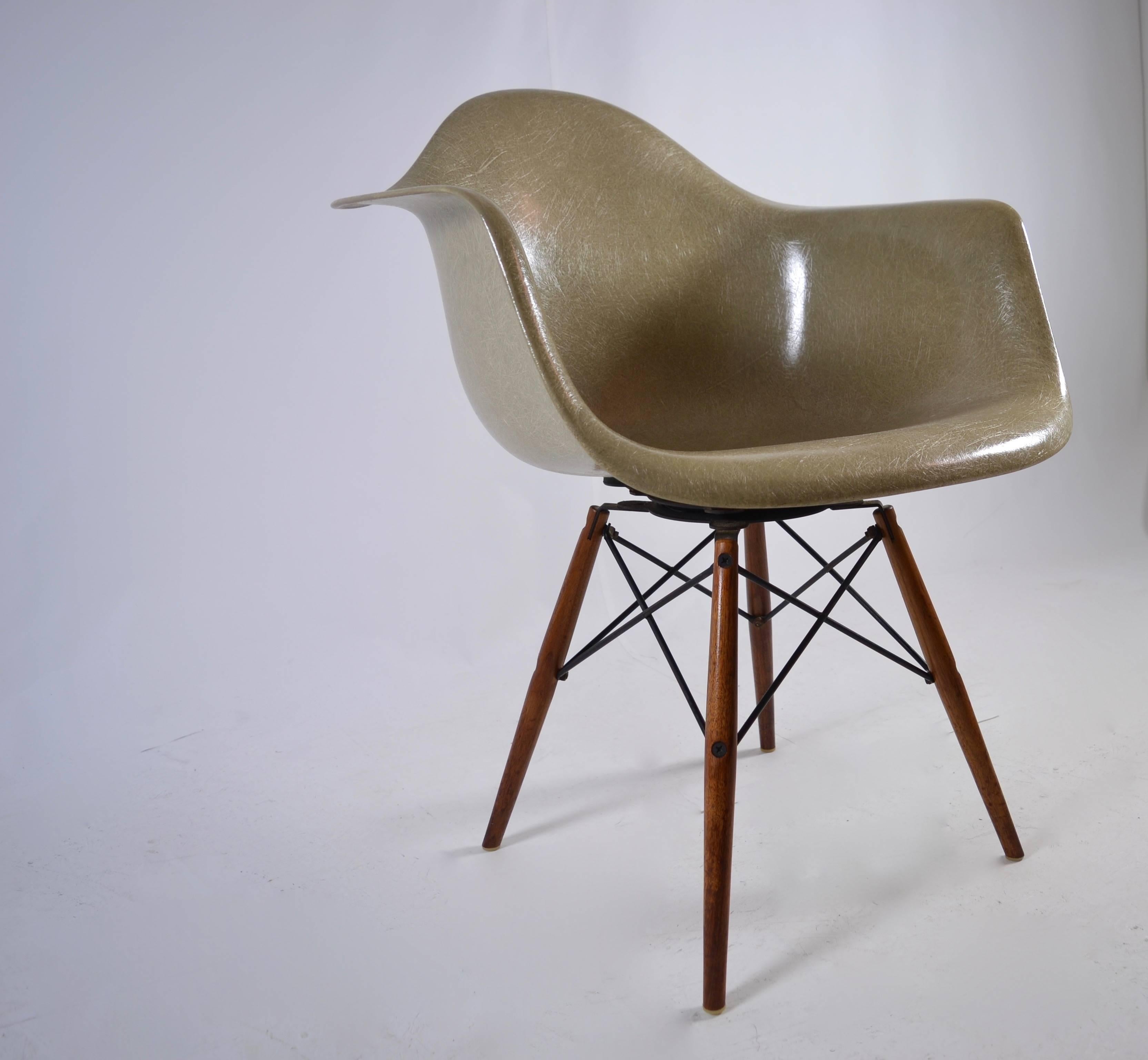 In exceptional condition, with original checkerboard logo fully intact, an early swivel PAW chair by Charles and Ray Eames with walnut dowel legs. Fiberglass body (with rope edge by Zenith plastics.
