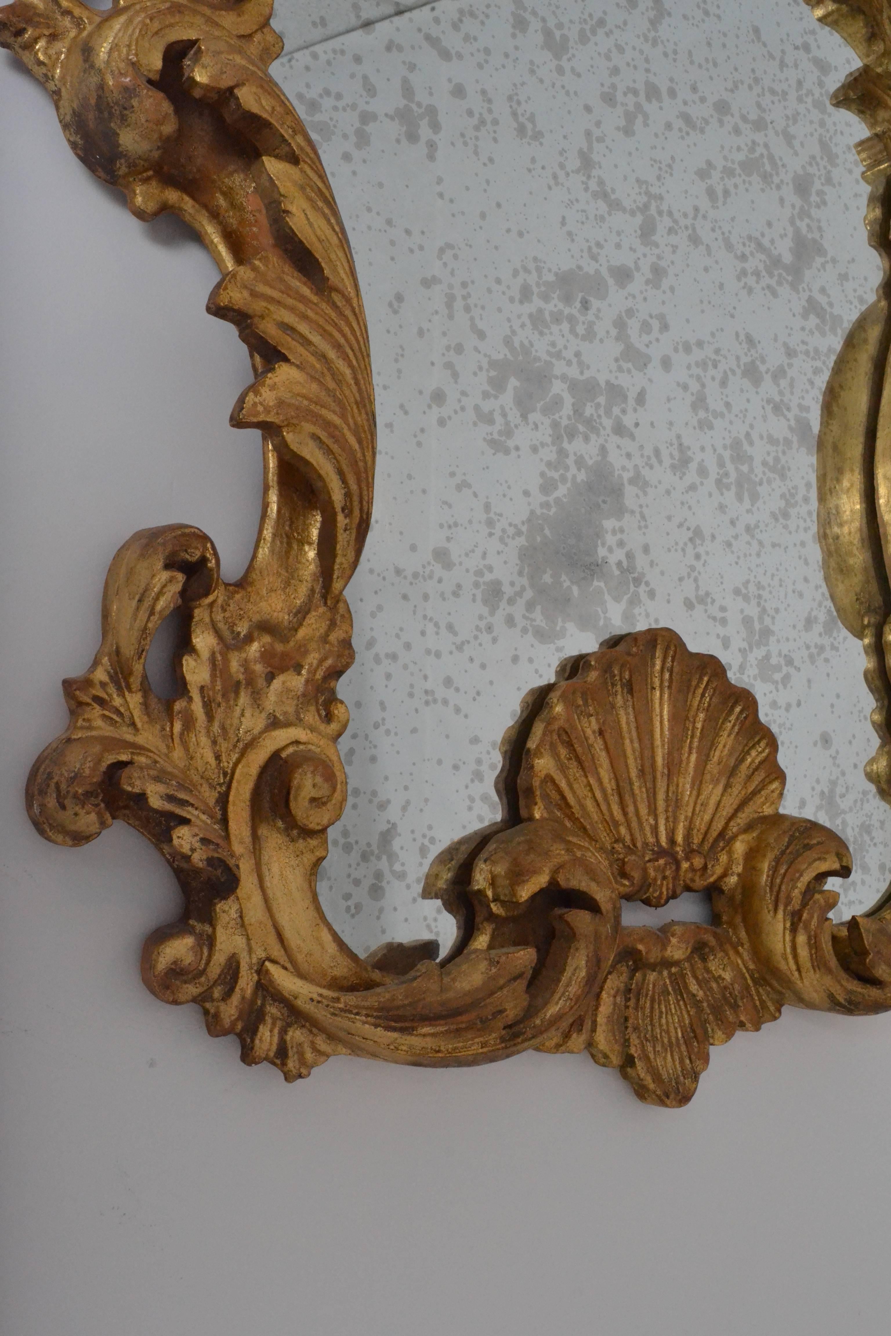 Italian Hand-Carved Giltwood Mirror with Heavily Antiqued Glass, Italy, circa 1950s