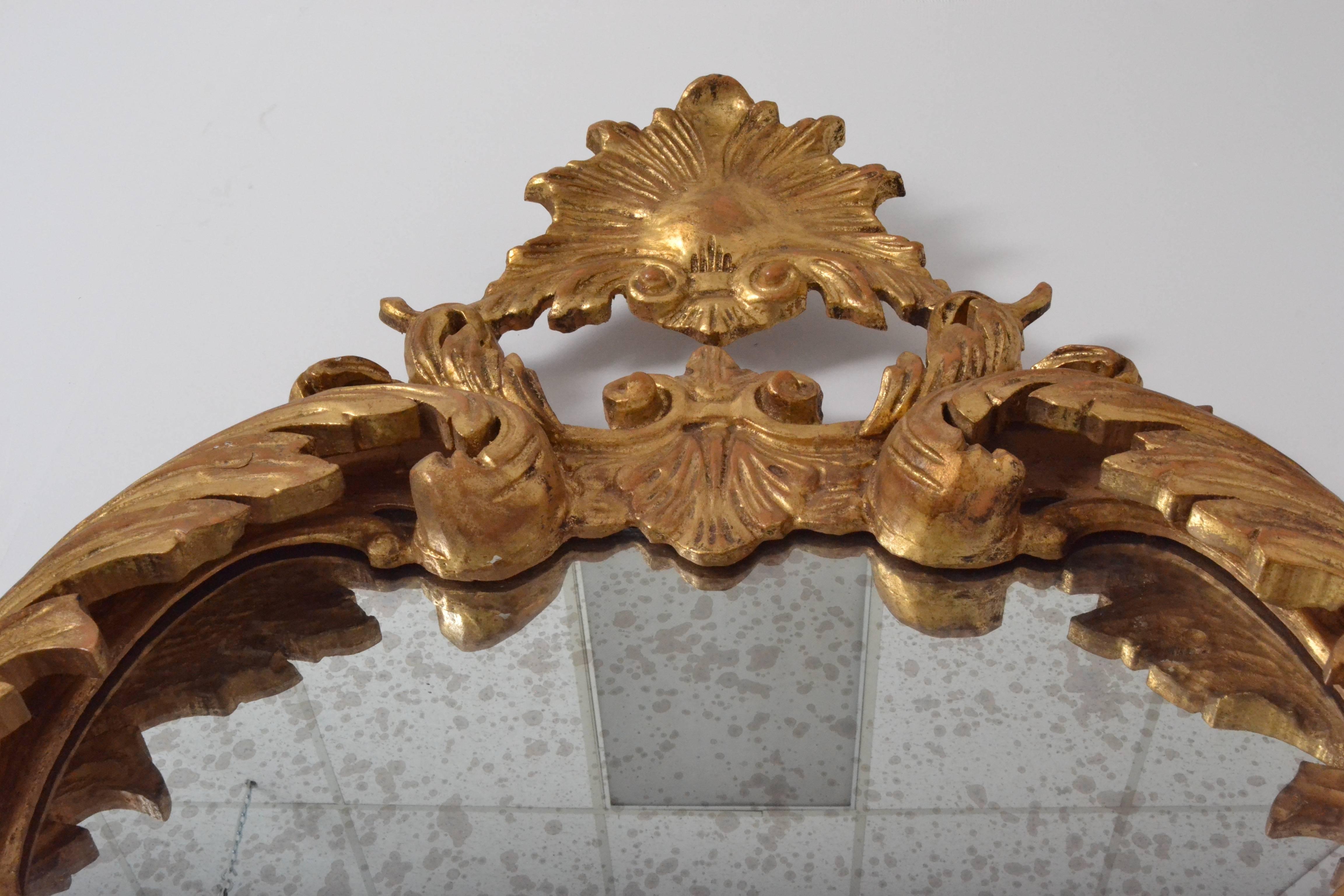 Hand-Carved Giltwood Mirror with Heavily Antiqued Glass, Italy, circa 1950s 1