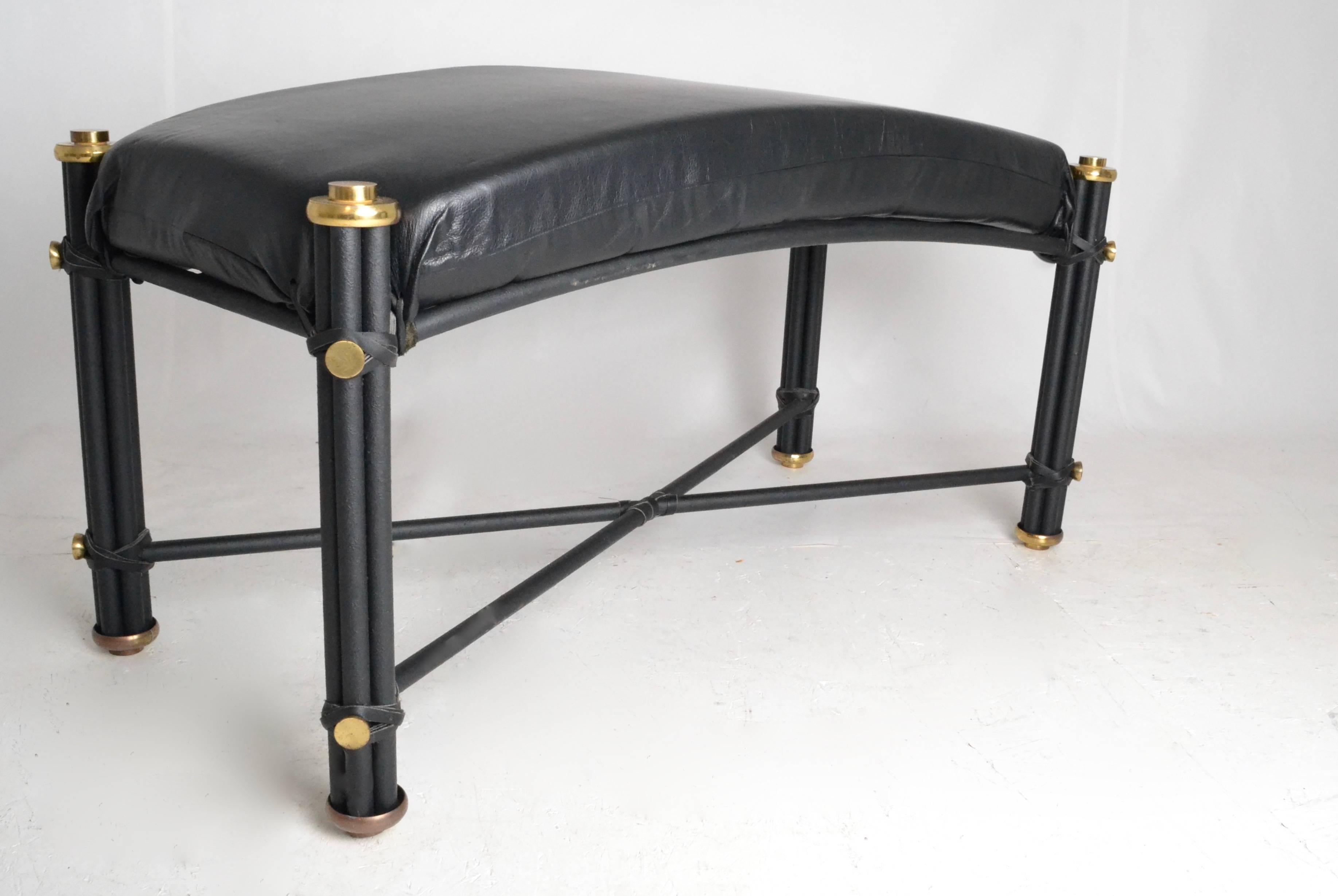 Modernist Metal Bench with Leather Cushion and Brass Details In Good Condition In Norwalk, CT