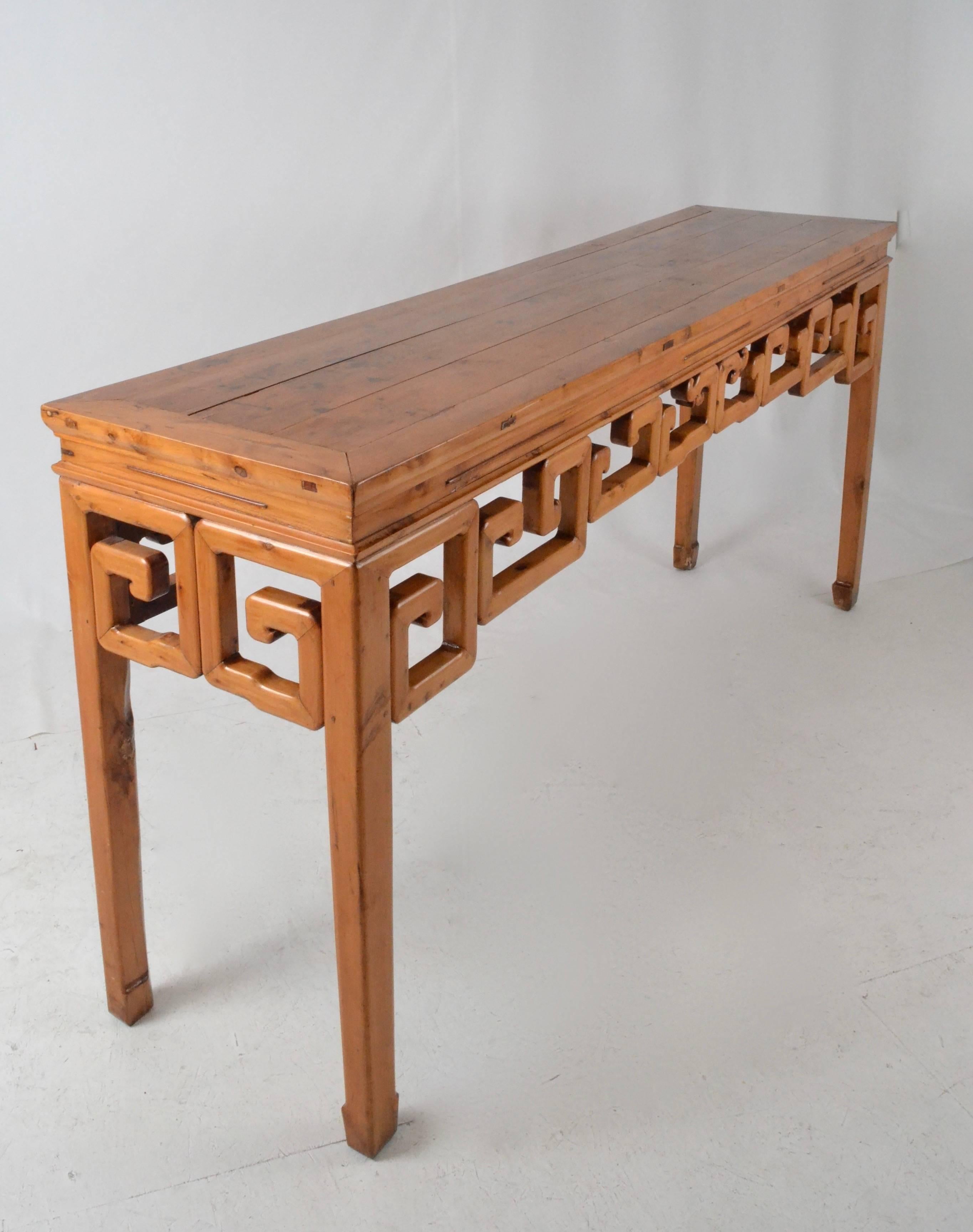 Great size and finish on this alter table/console. Handsome architectural detail. Solid and in very fine condition.