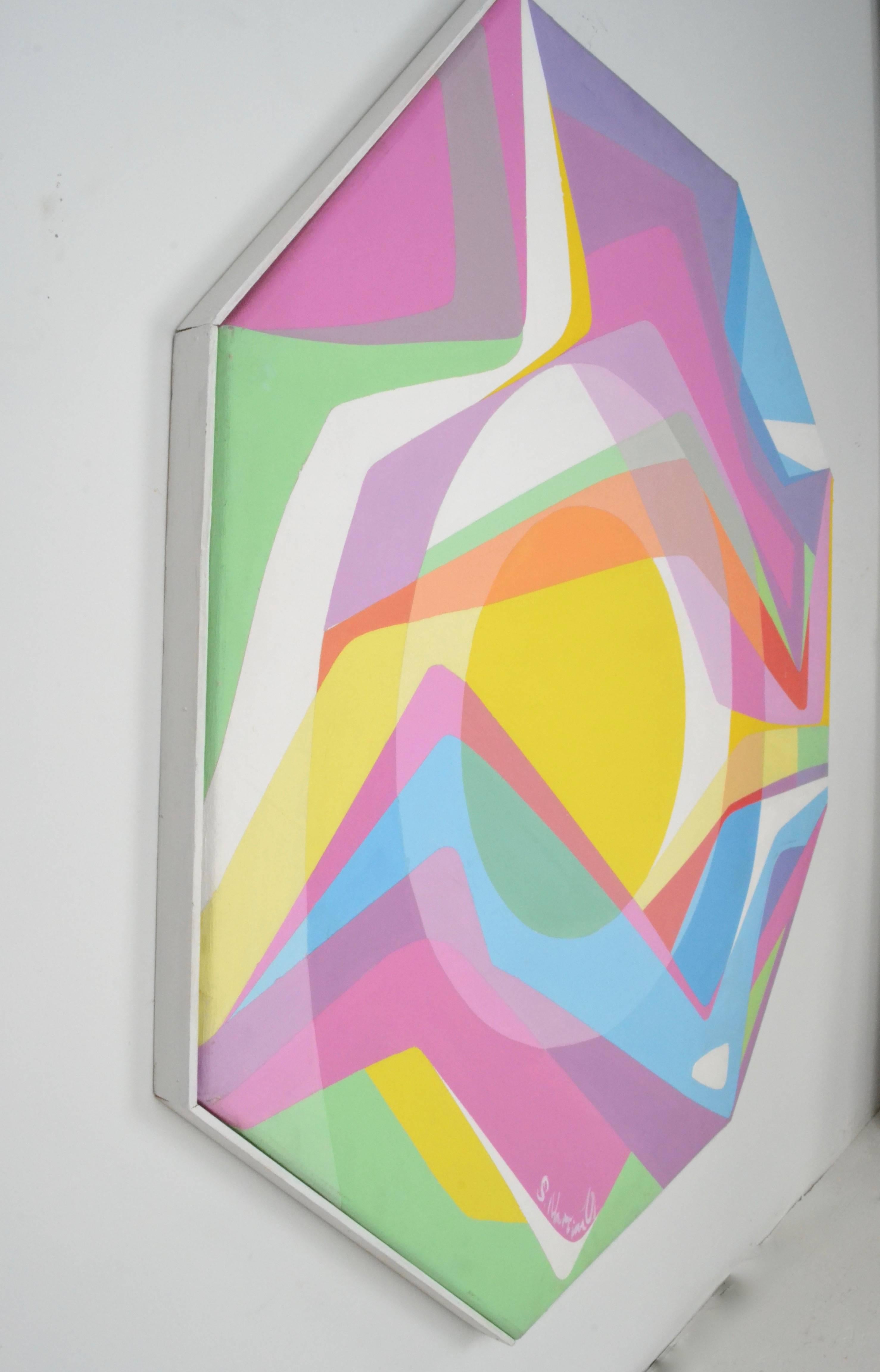 Color block abstract on a custom constructed octagonal frame. Original frame. Great colors. Signed S. Martina Williams.