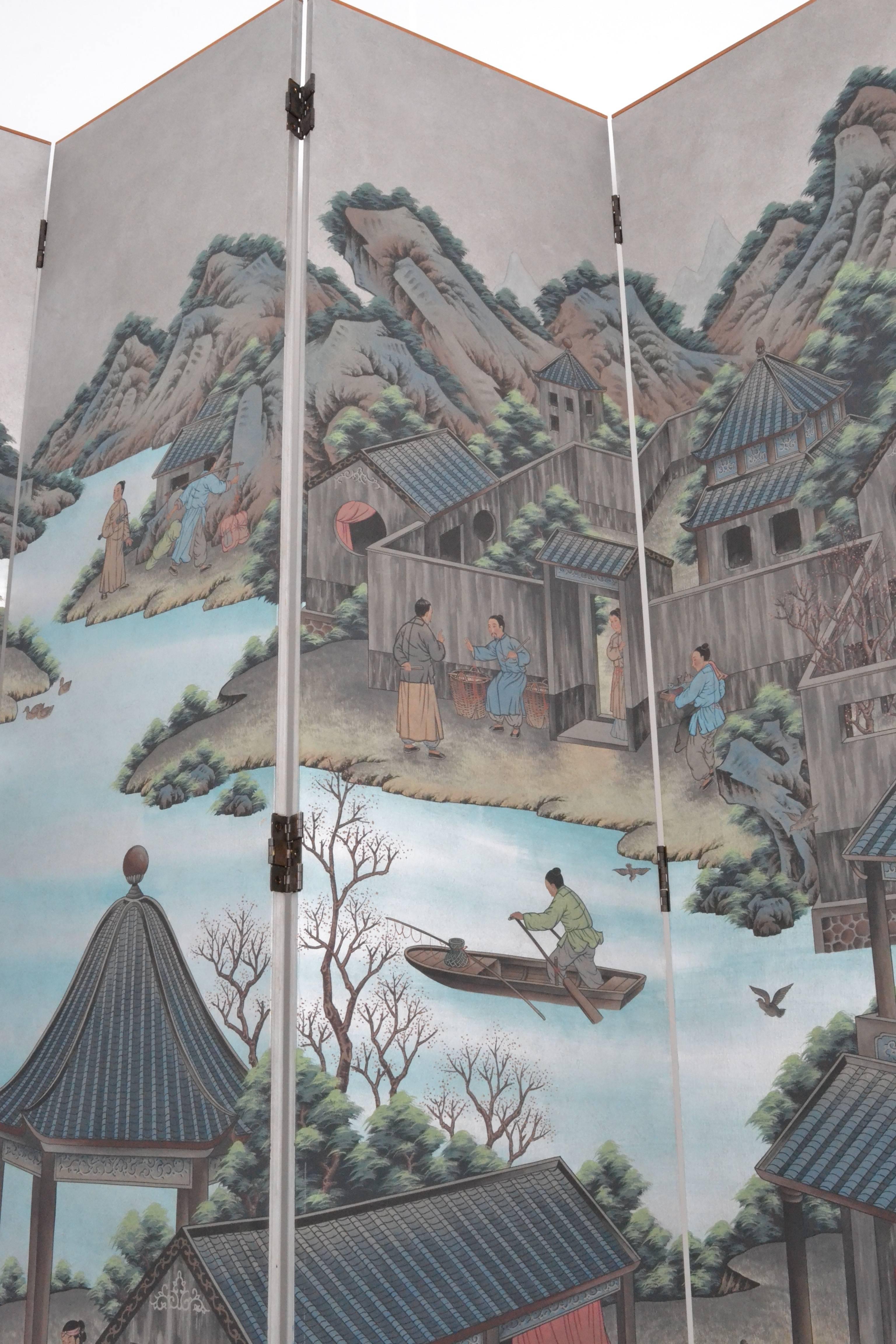 Japanese Hand-Painted Chinoiserie Six-Panel Screen