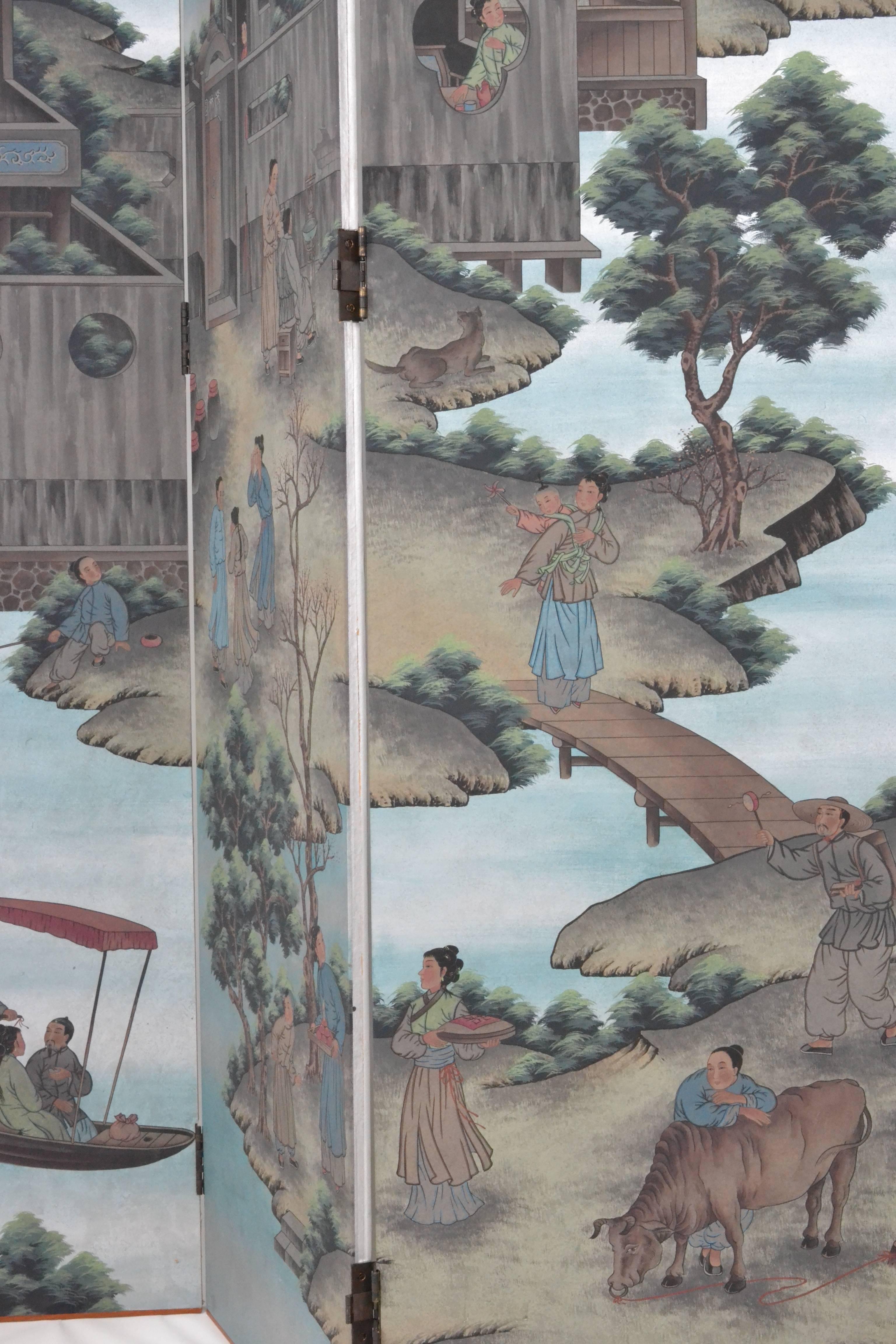 Mid-20th Century Hand-Painted Chinoiserie Six-Panel Screen