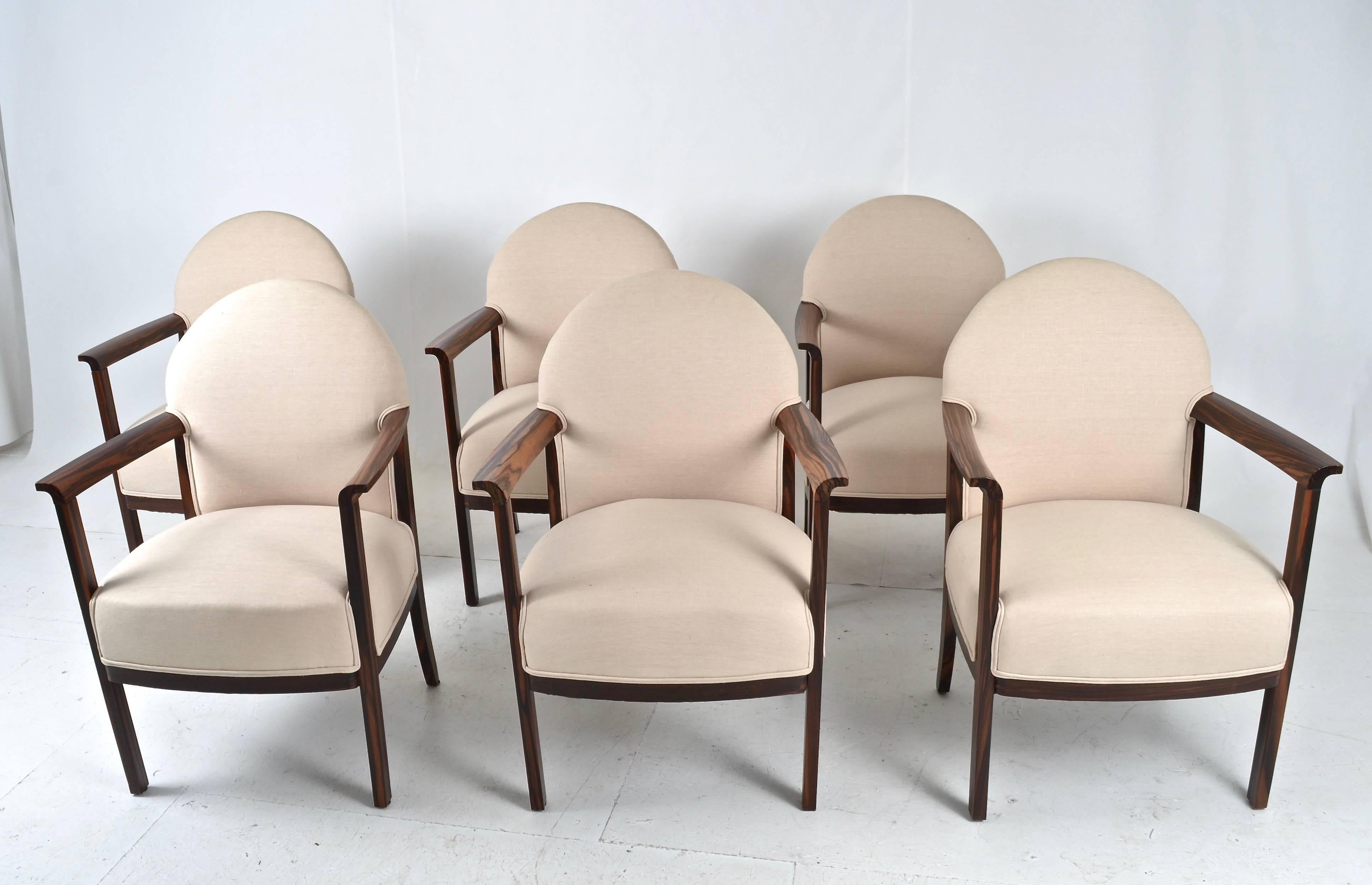 Set of Six Belgian Dining Chairs in Zebra Wood, circa 1930s In Good Condition In Norwalk, CT