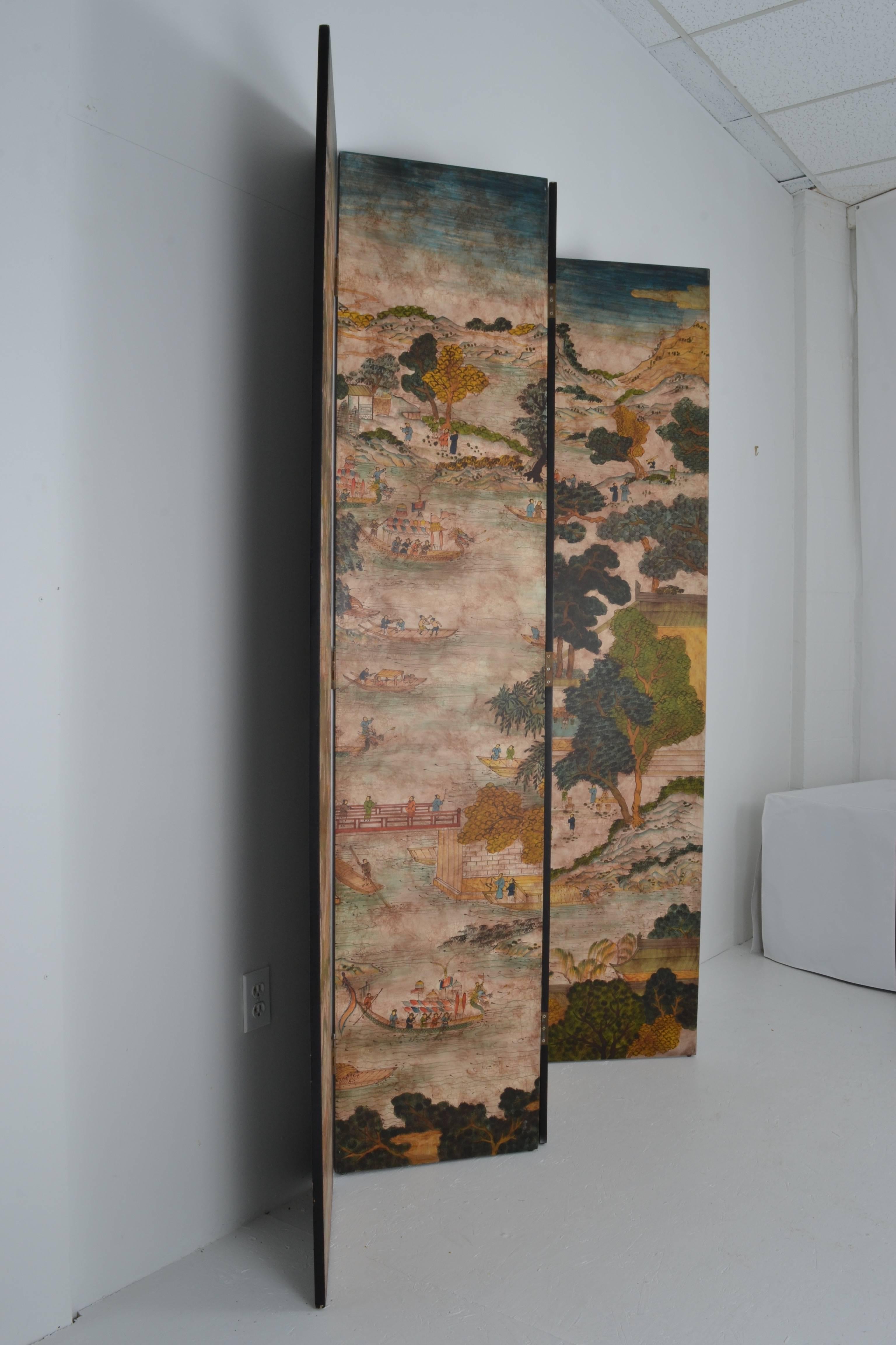 Four-Panel Hand-Painted Chinoiserie Screen In Excellent Condition In Norwalk, CT