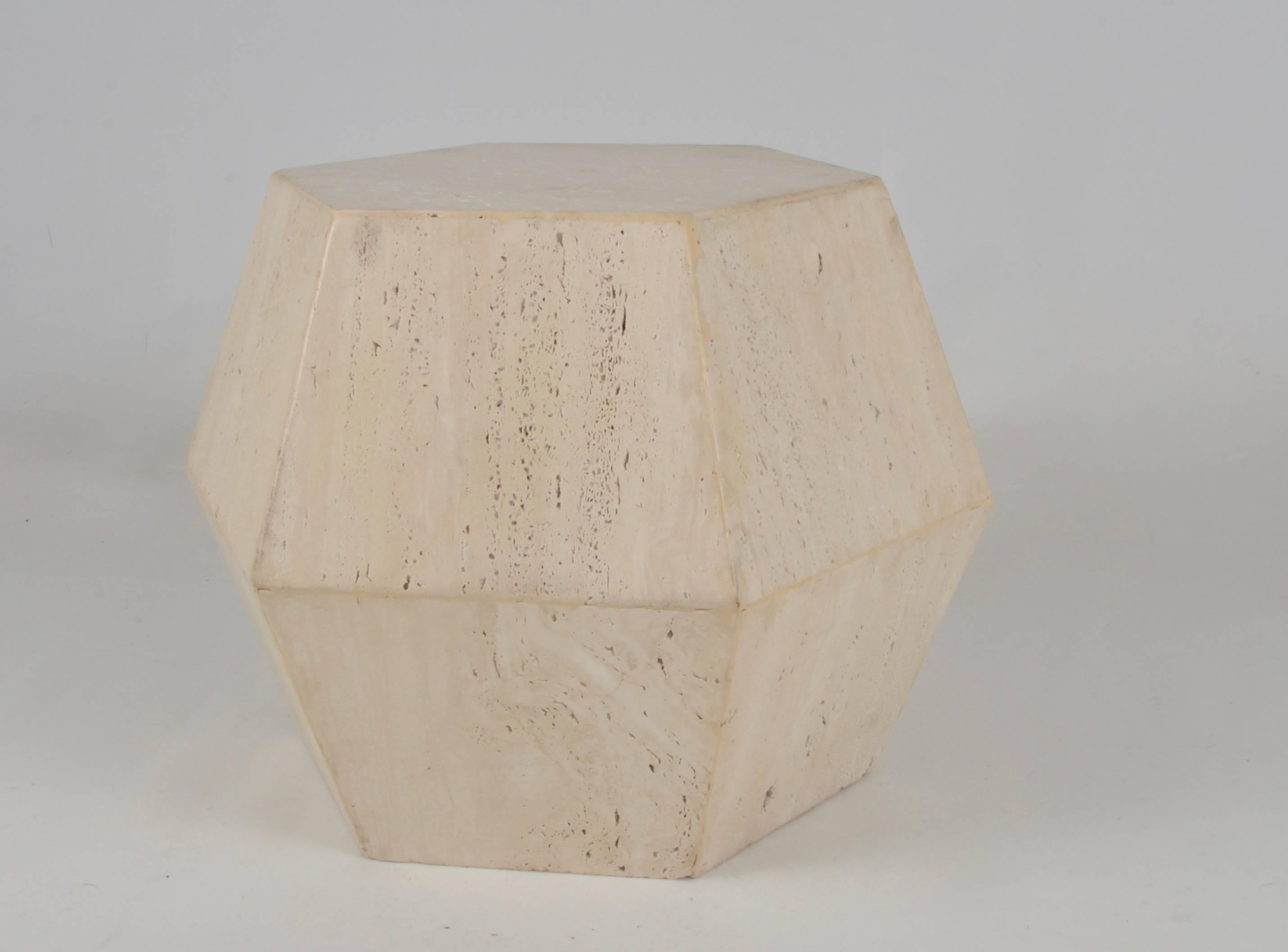 Just love travertine! This is a wonderful form. A small table, perfect for holding a cocktail. Top measures 14.5 inches X 13 inches.