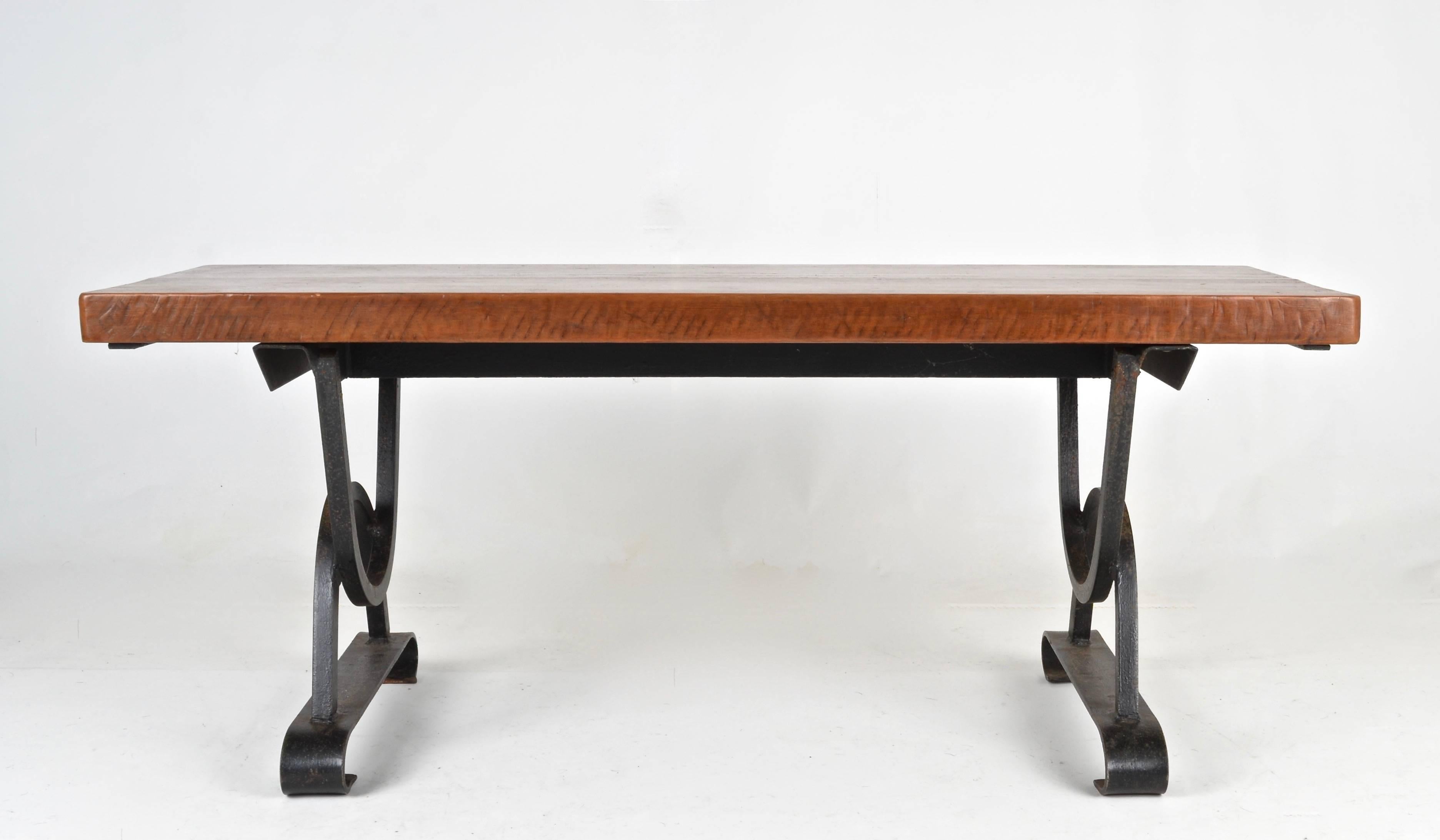 French Oak and Iron Bench or Low Table, France, circa 1960s