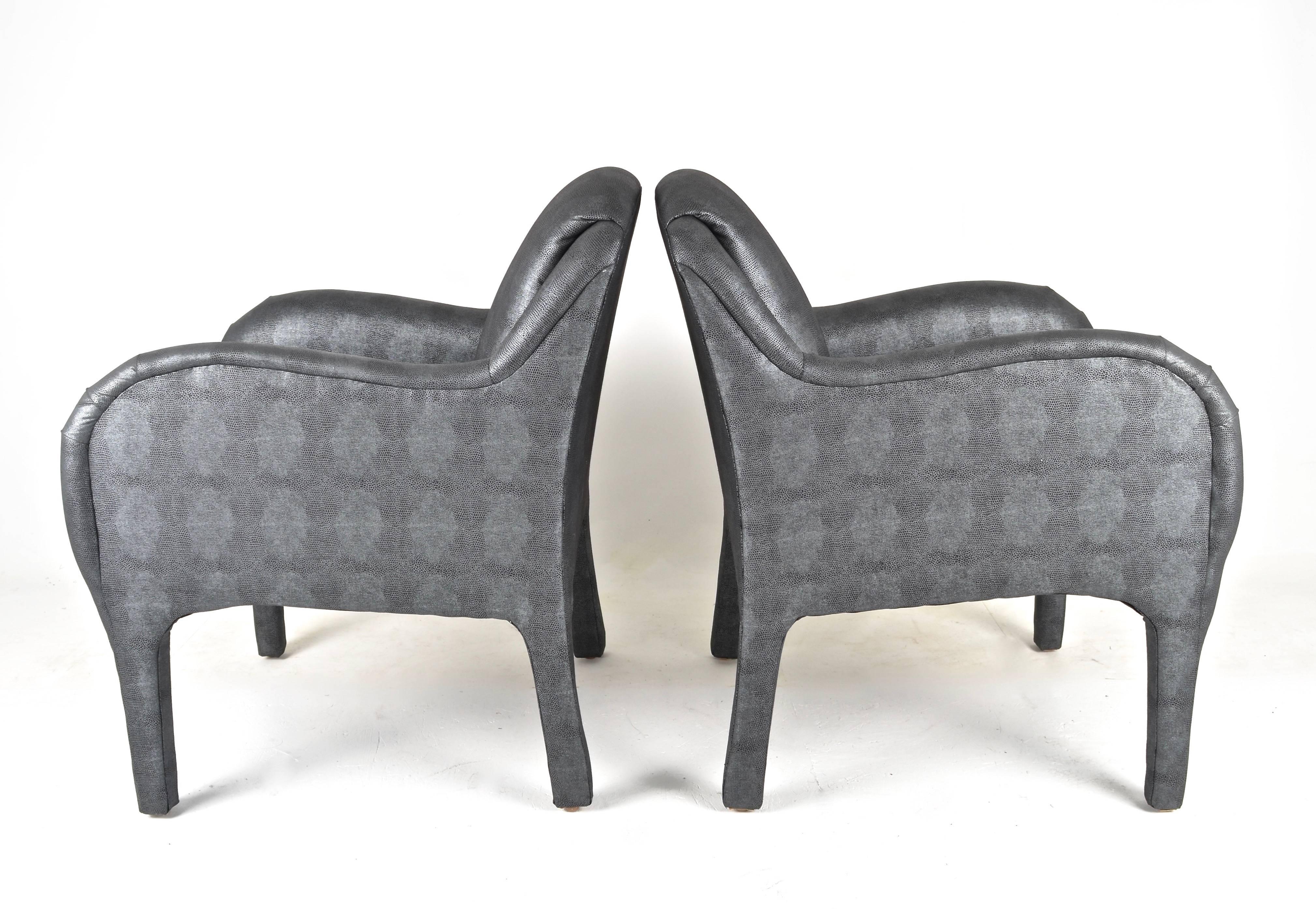 Modern Pair of 1980s Armchairs in Metallic Faux Shagreen 