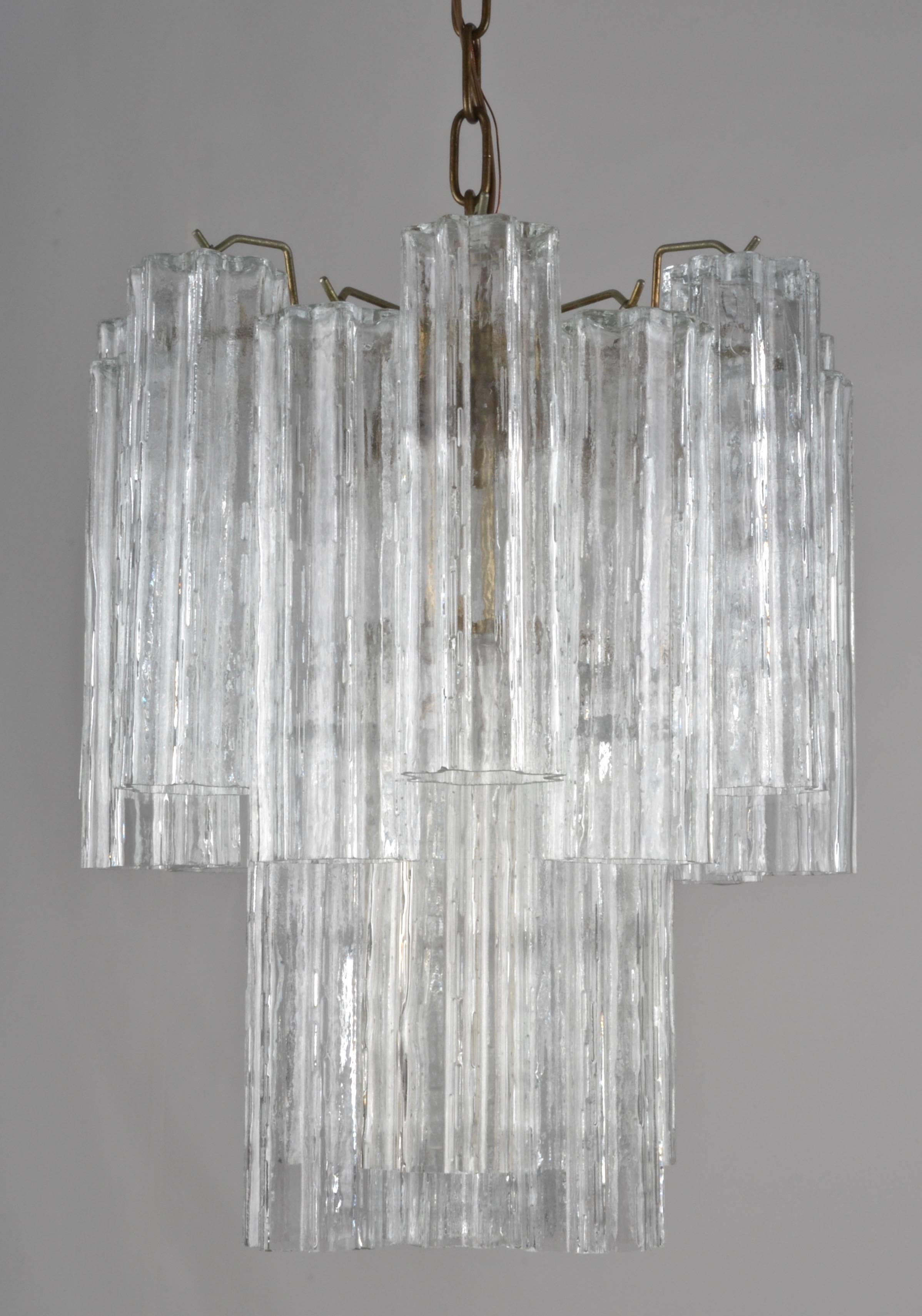 Very nice size and presence on this fixture, featuring the more detailed crenelation on the tubes than the standard. These have 8 channels vs the usual 5. Two tiers of crystals, each 10 inches by 3 inches. All new wiring, bronze brass chain and